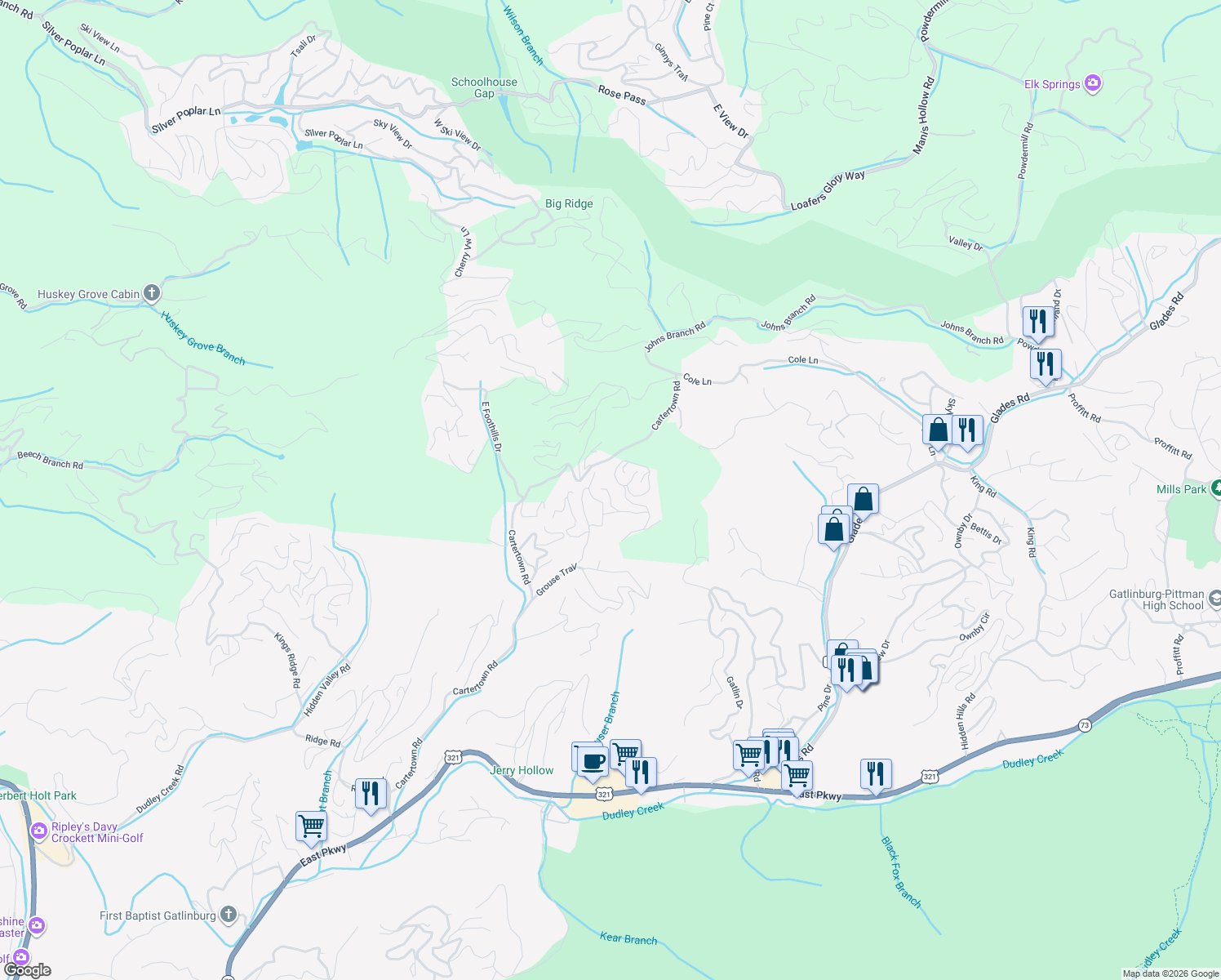 map of restaurants, bars, coffee shops, grocery stores, and more near 632 Cub Path Way in Gatlinburg