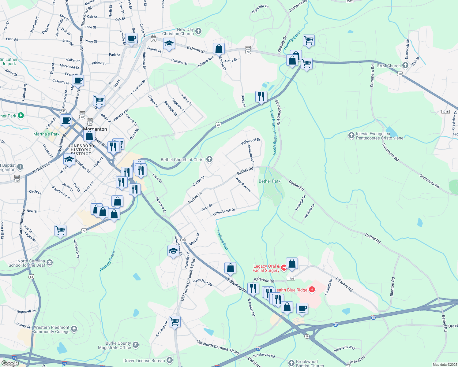 map of restaurants, bars, coffee shops, grocery stores, and more near 442 Bethel Road in Morganton