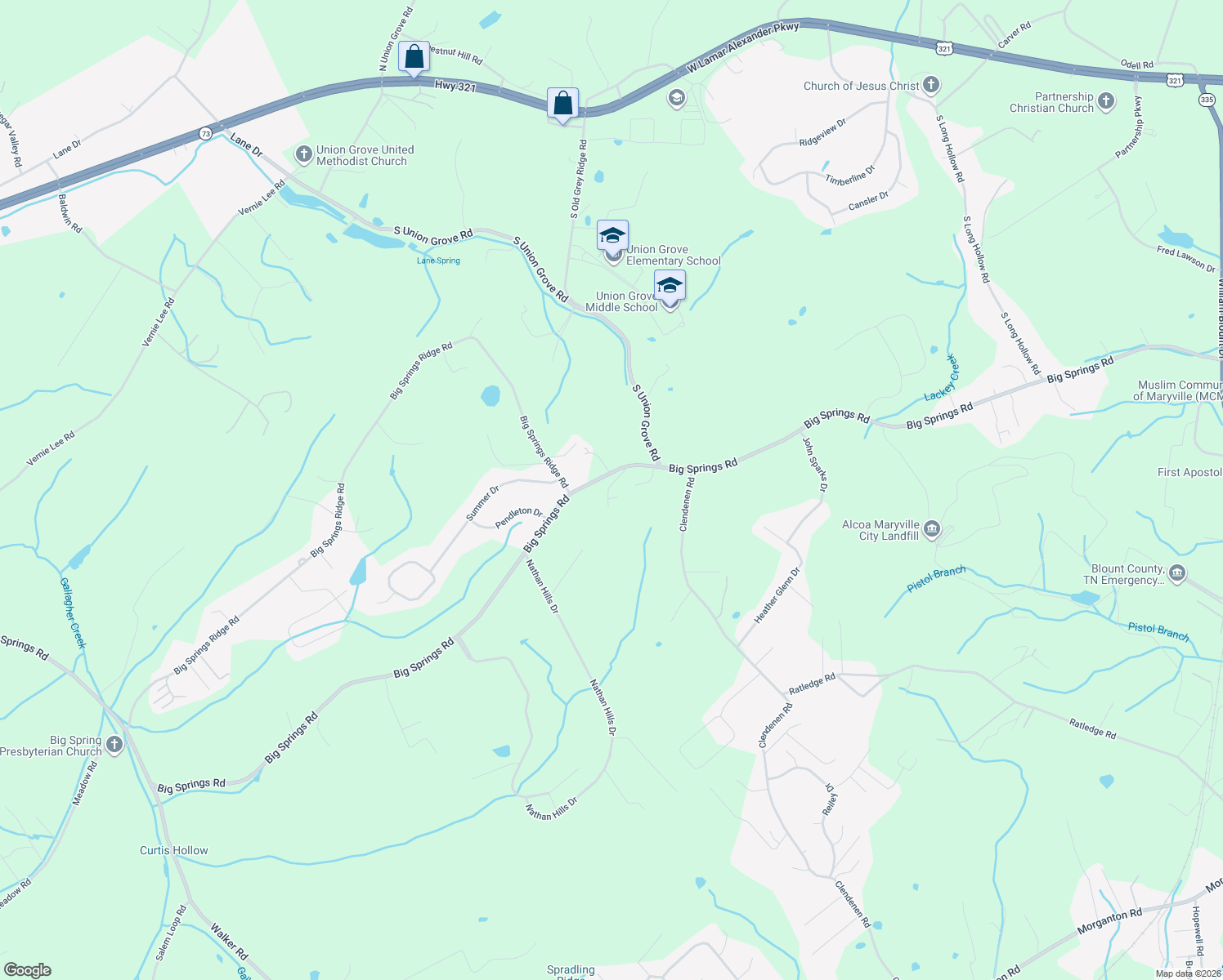 map of restaurants, bars, coffee shops, grocery stores, and more near 143 Lindell Way in Maryville