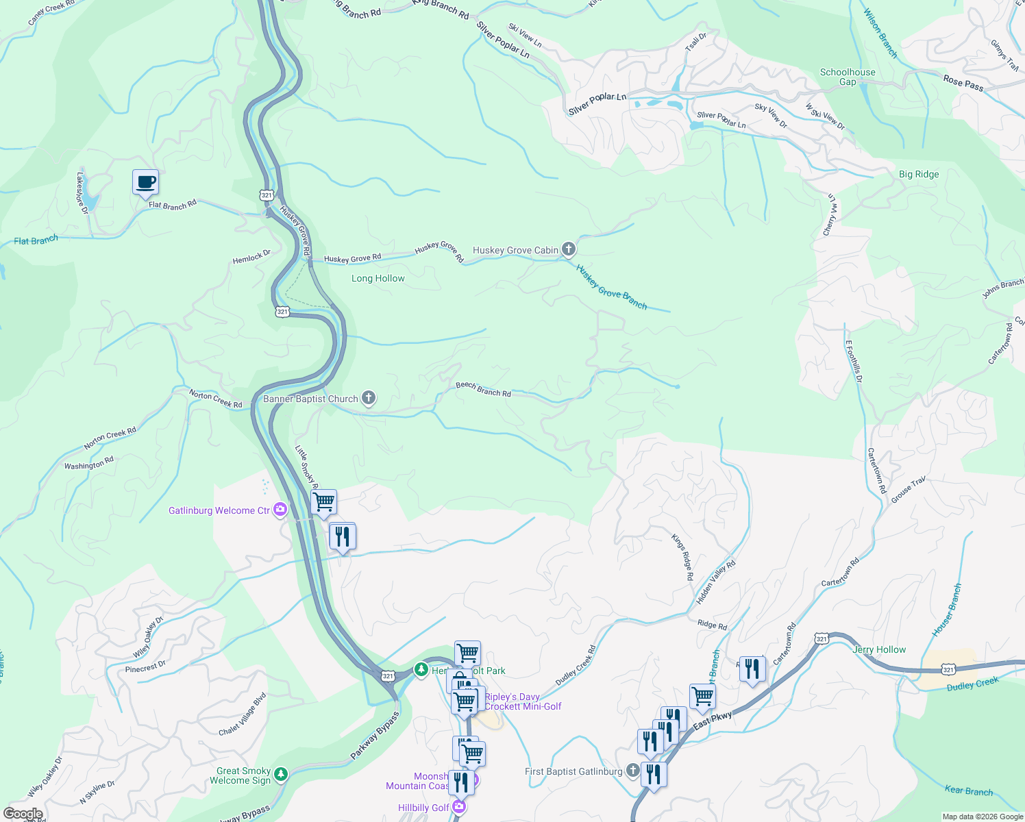 map of restaurants, bars, coffee shops, grocery stores, and more near 454 West Kings Ridge Lane in Gatlinburg