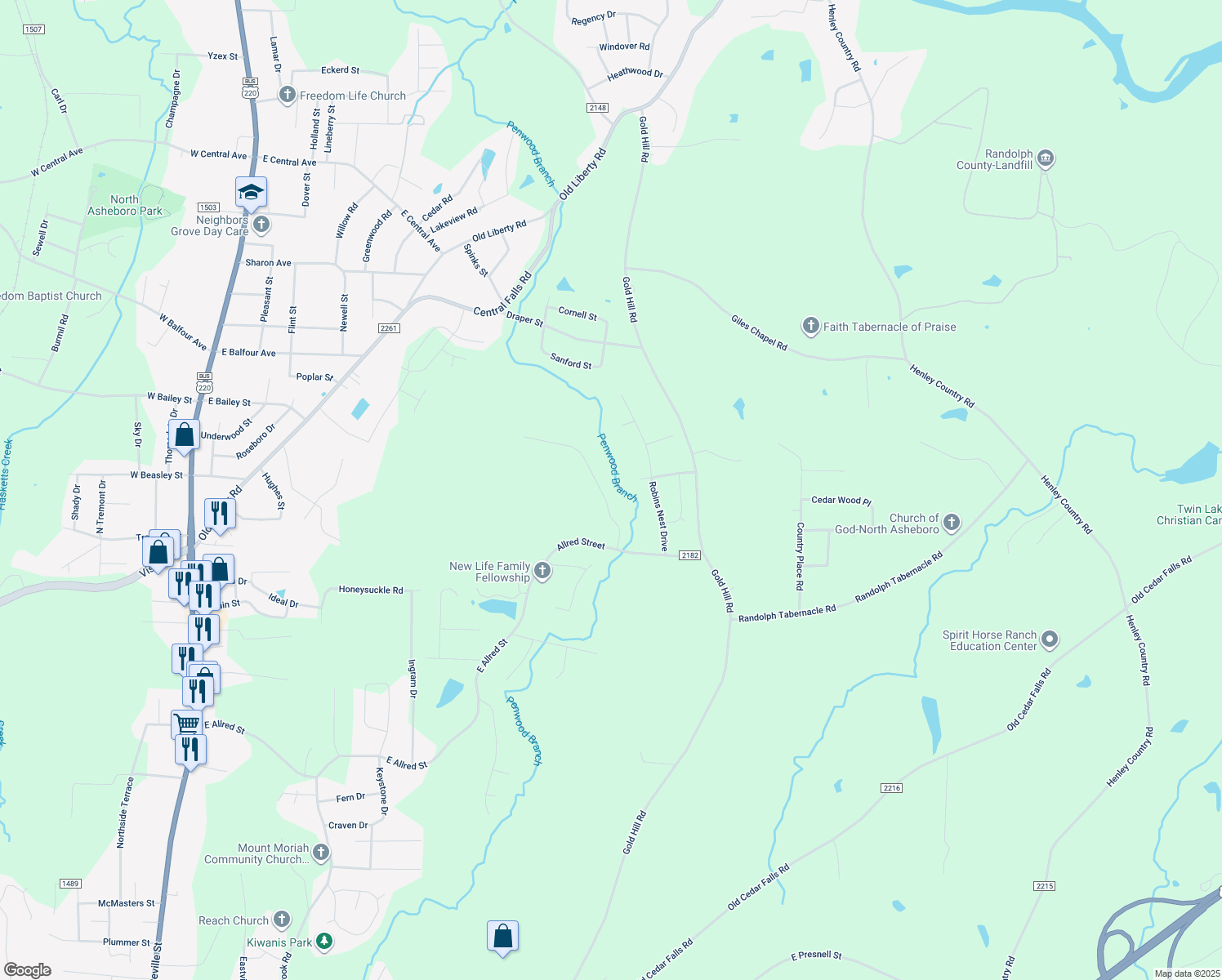 map of restaurants, bars, coffee shops, grocery stores, and more near 1372 Ridgewood Circle in Asheboro
