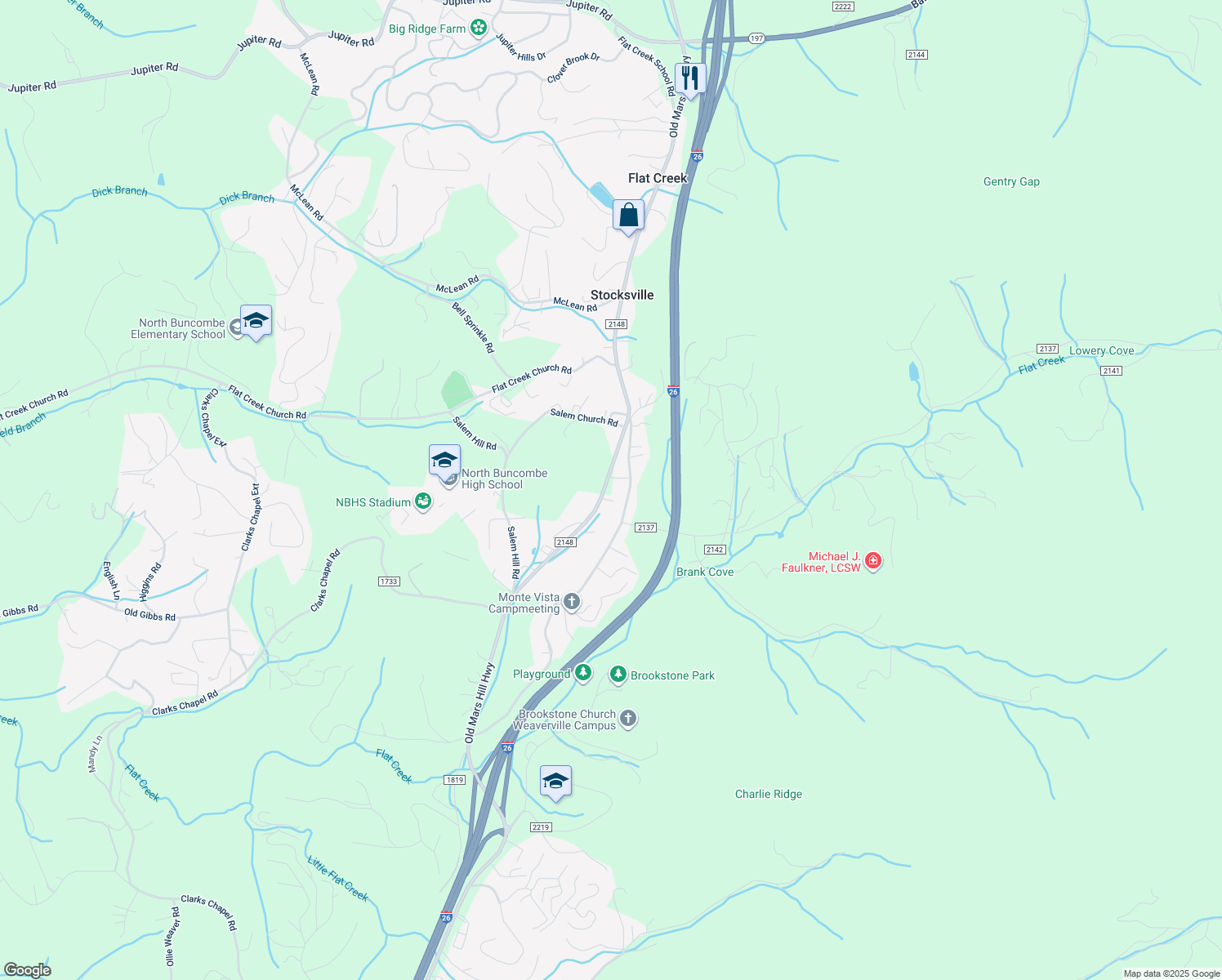 map of restaurants, bars, coffee shops, grocery stores, and more near 217 Old Mars Hill Highway in Weaverville