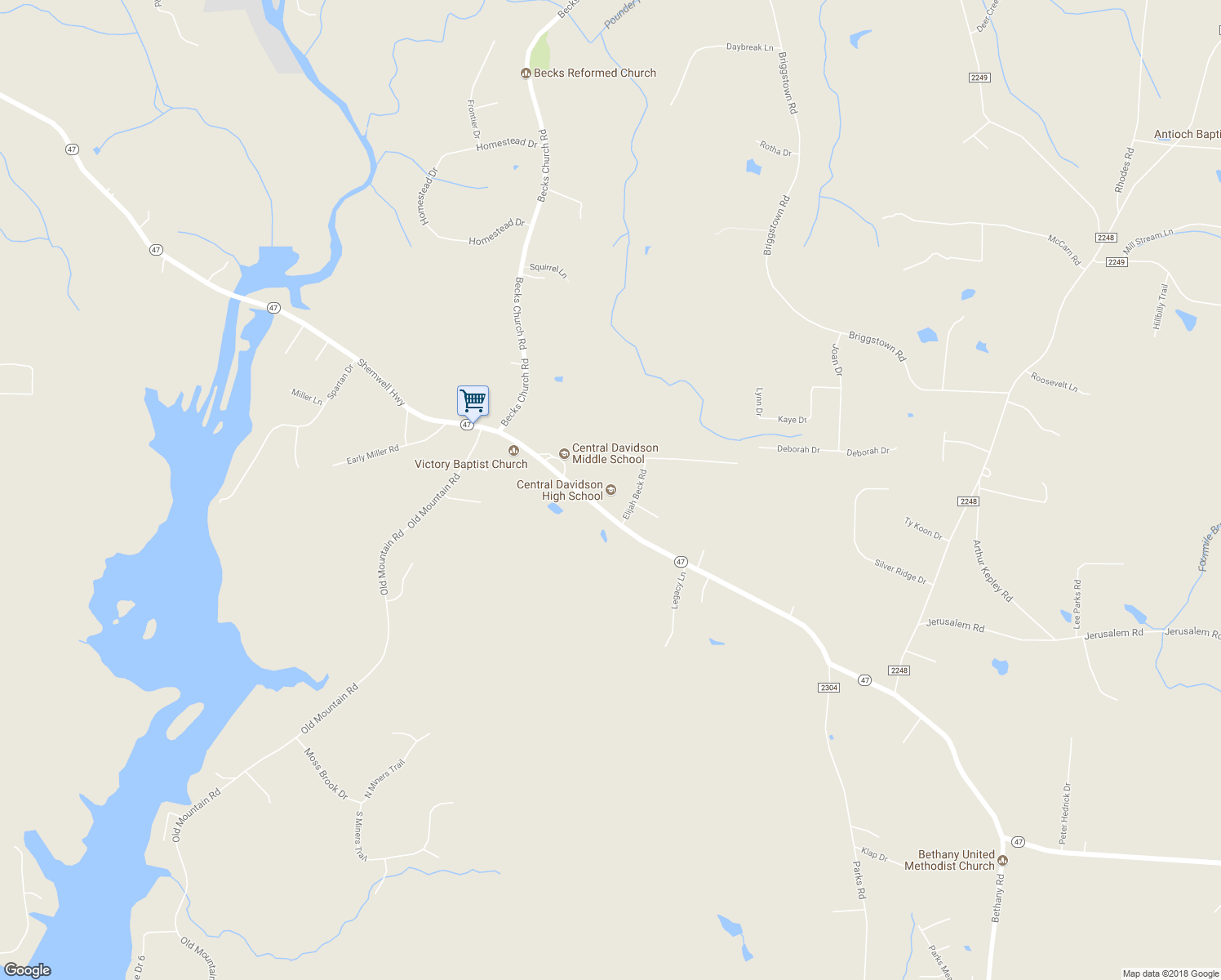 map of restaurants, bars, coffee shops, grocery stores, and more near 2747 North Carolina 47 in Lexington