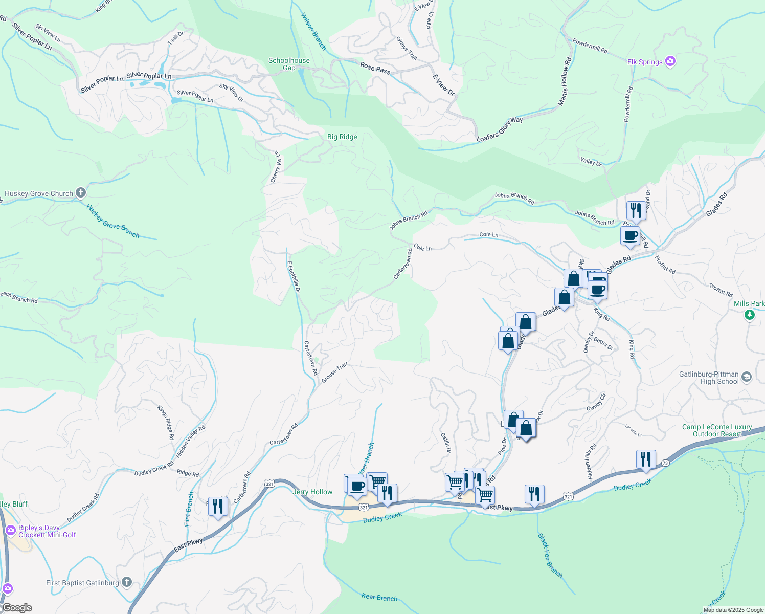 map of restaurants, bars, coffee shops, grocery stores, and more near 1014 Laurel Hollow Way in Gatlinburg