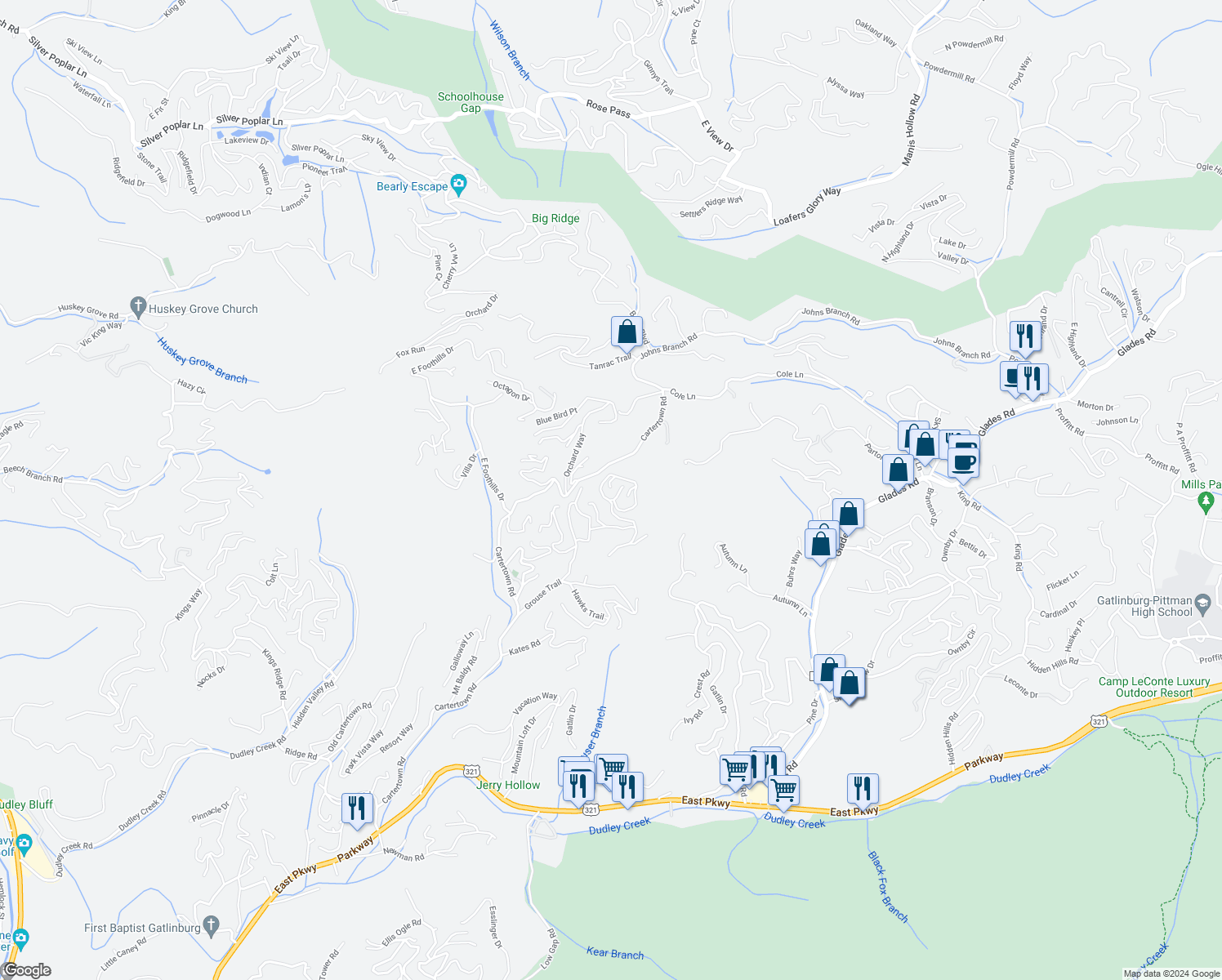 map of restaurants, bars, coffee shops, grocery stores, and more near 910 High Mountain Way in Gatlinburg