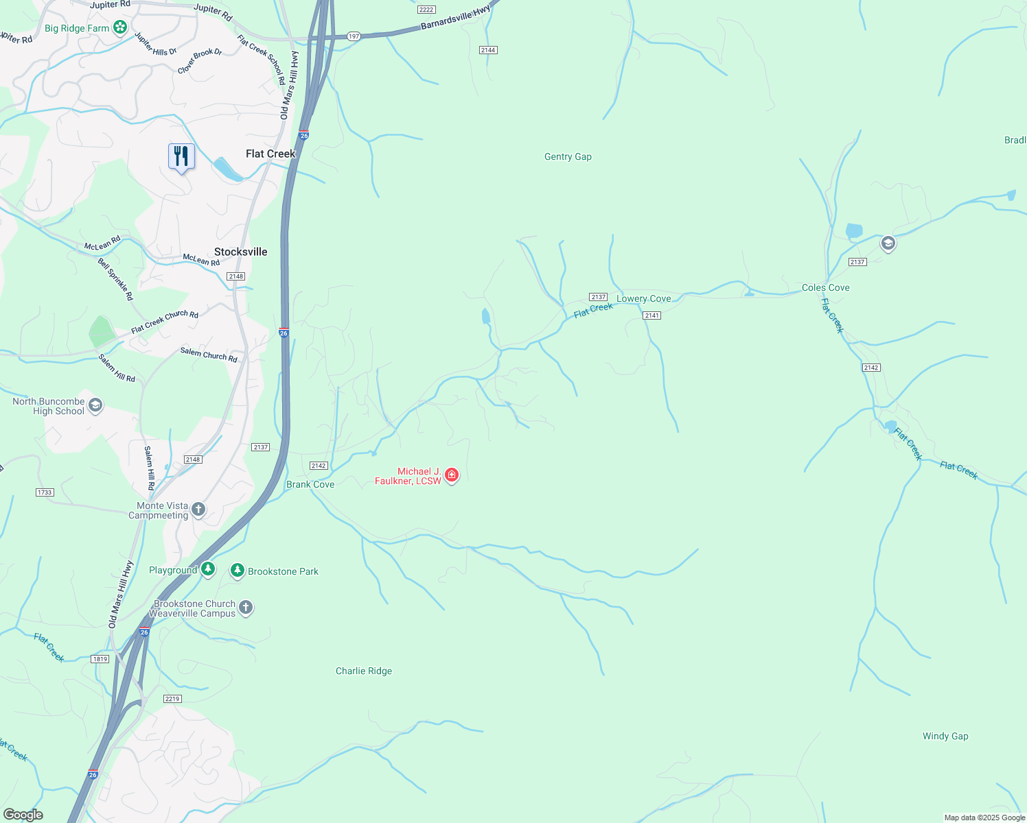 map of restaurants, bars, coffee shops, grocery stores, and more near 14 Hazy Dawn Lane in Weaverville