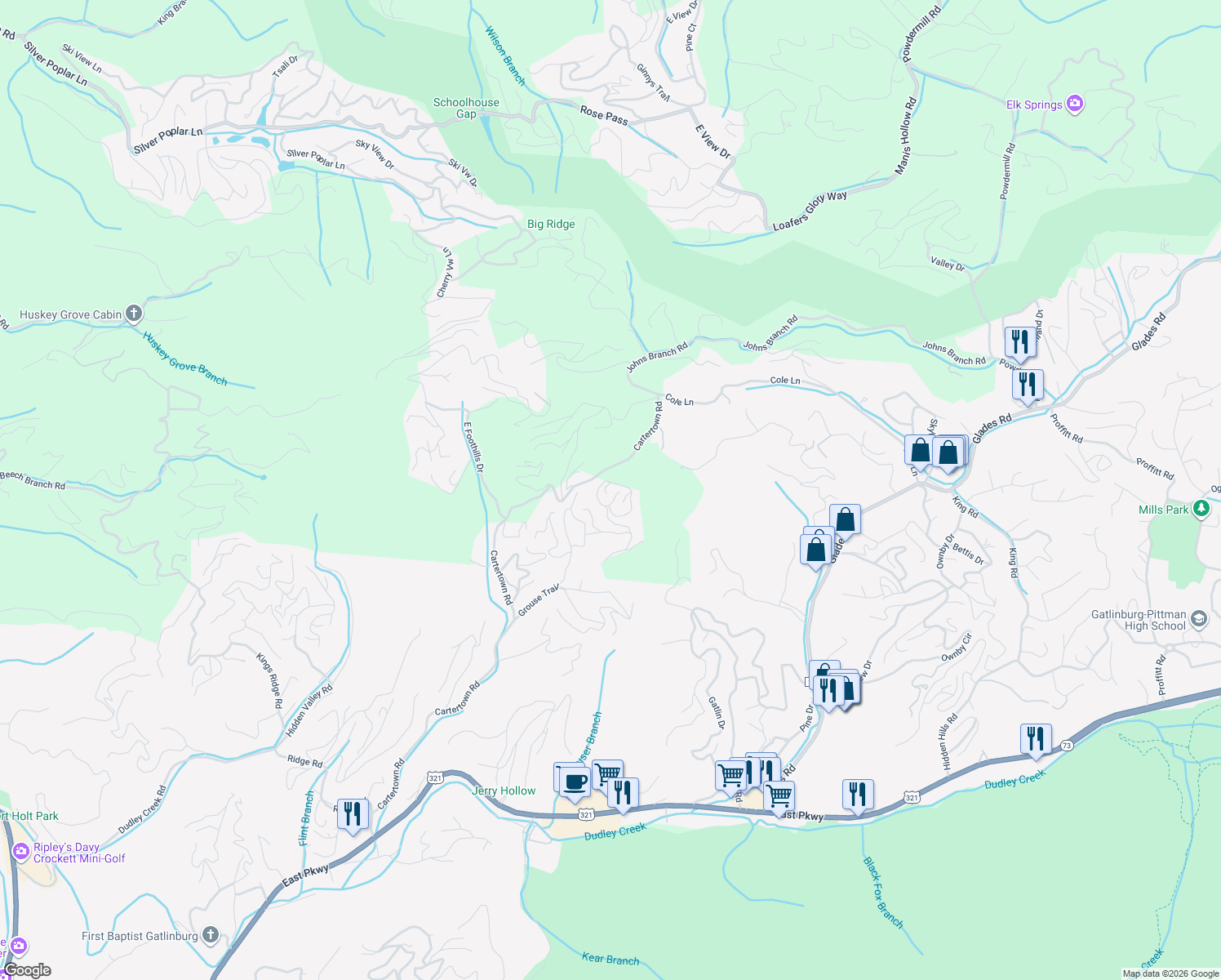 map of restaurants, bars, coffee shops, grocery stores, and more near 916 High Mountain Way in Gatlinburg