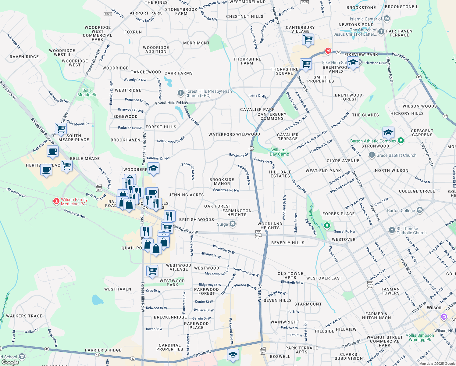 map of restaurants, bars, coffee shops, grocery stores, and more near 1105 Peachtree Place in Wilson