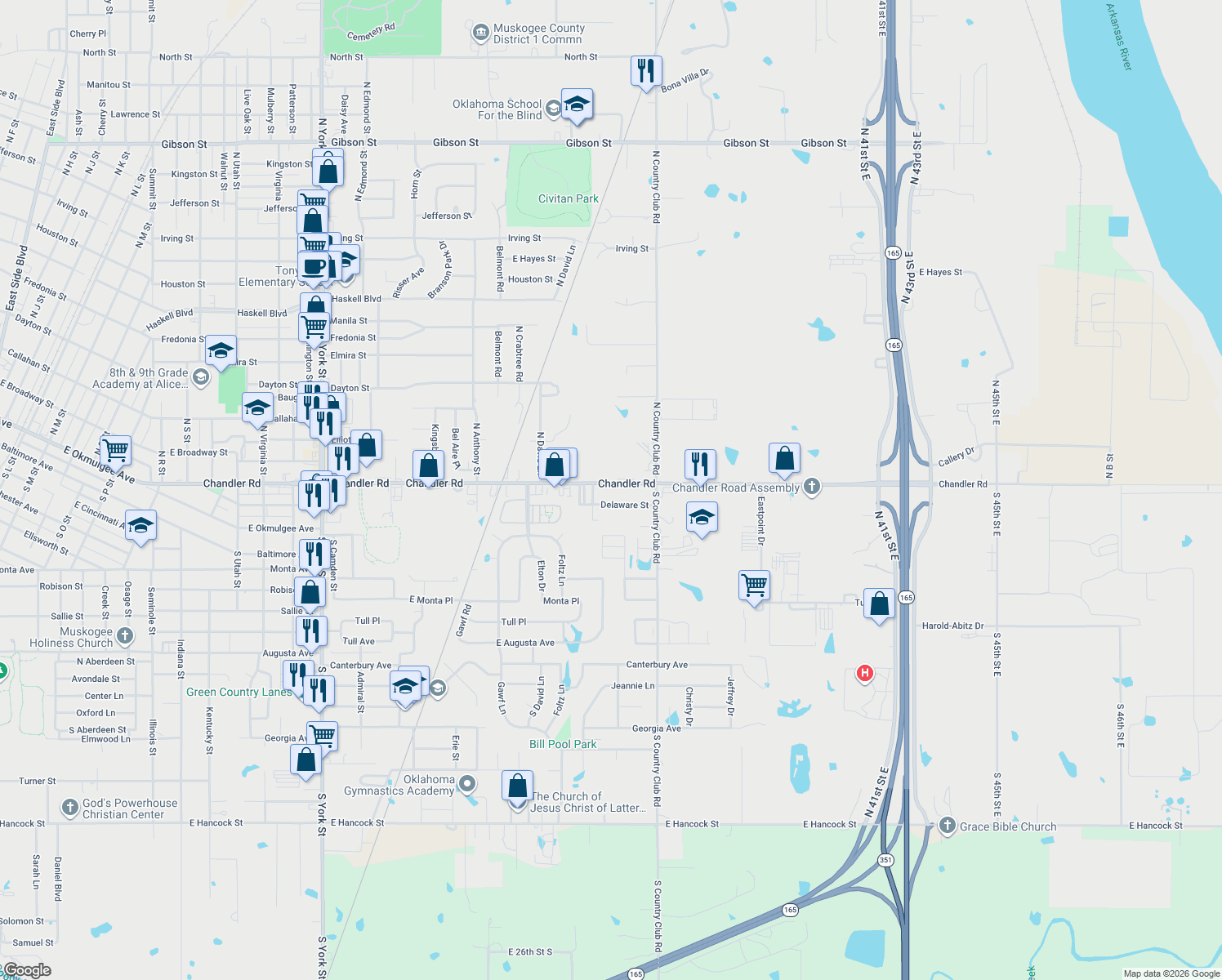 map of restaurants, bars, coffee shops, grocery stores, and more near 3519 Chandler Road in Muskogee