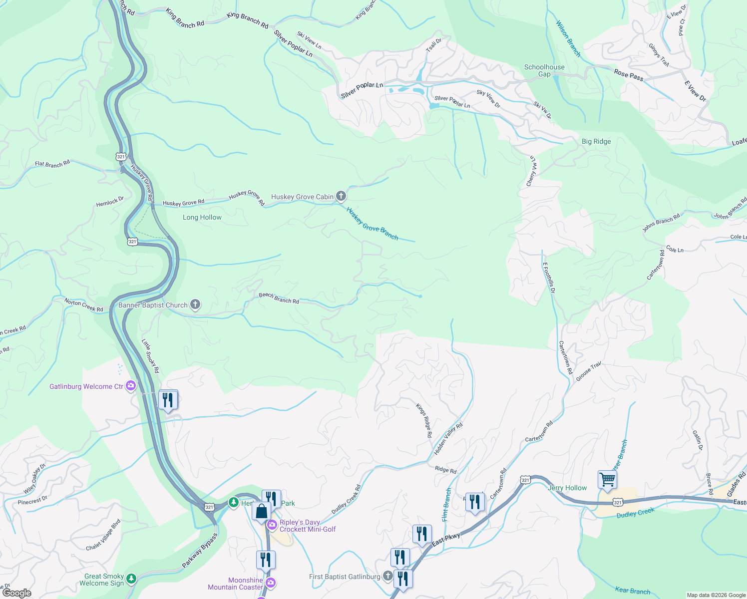 map of restaurants, bars, coffee shops, grocery stores, and more near 801 Old New Ground Road in Gatlinburg