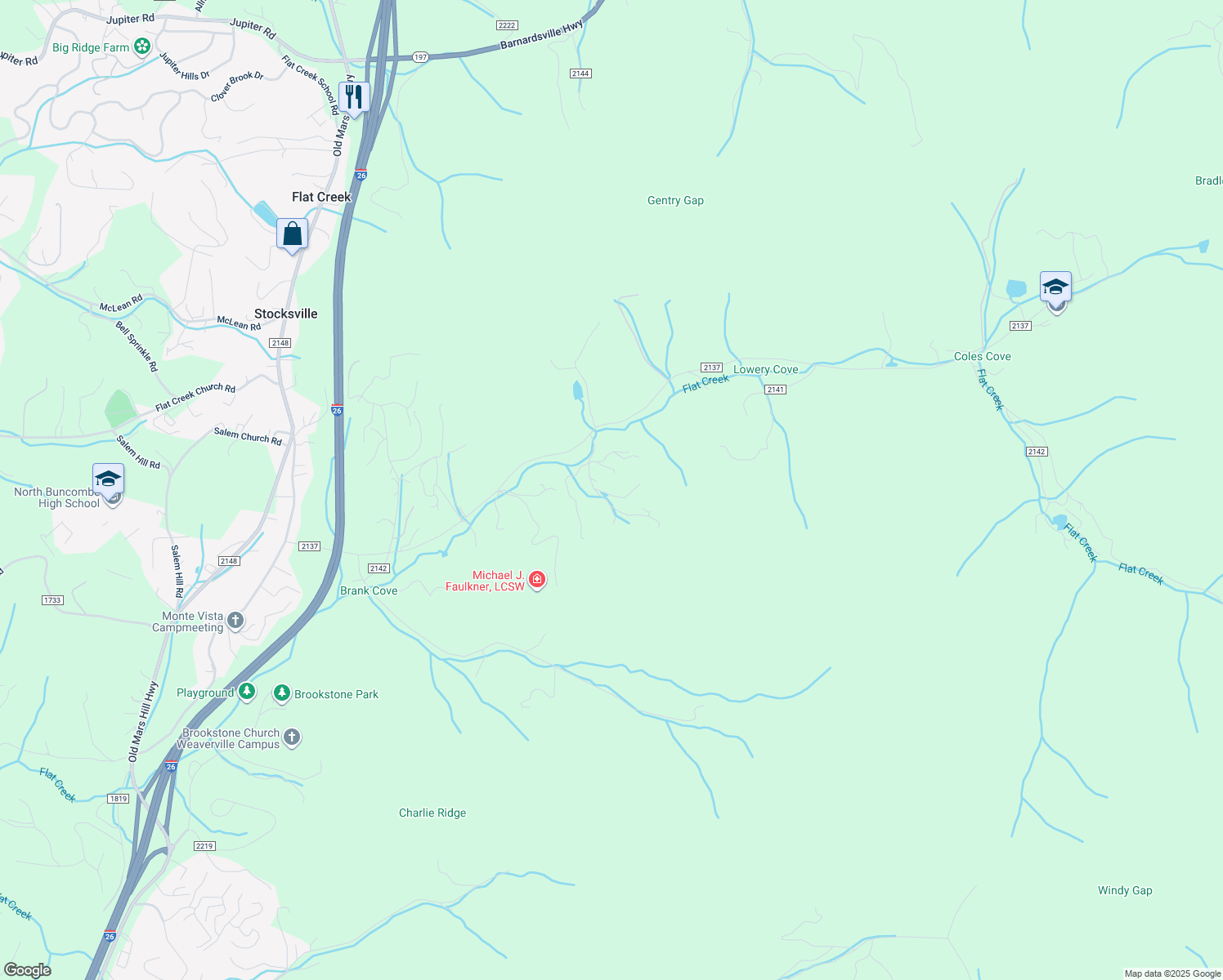map of restaurants, bars, coffee shops, grocery stores, and more near 14 Hazy Dawn Lane in Weaverville