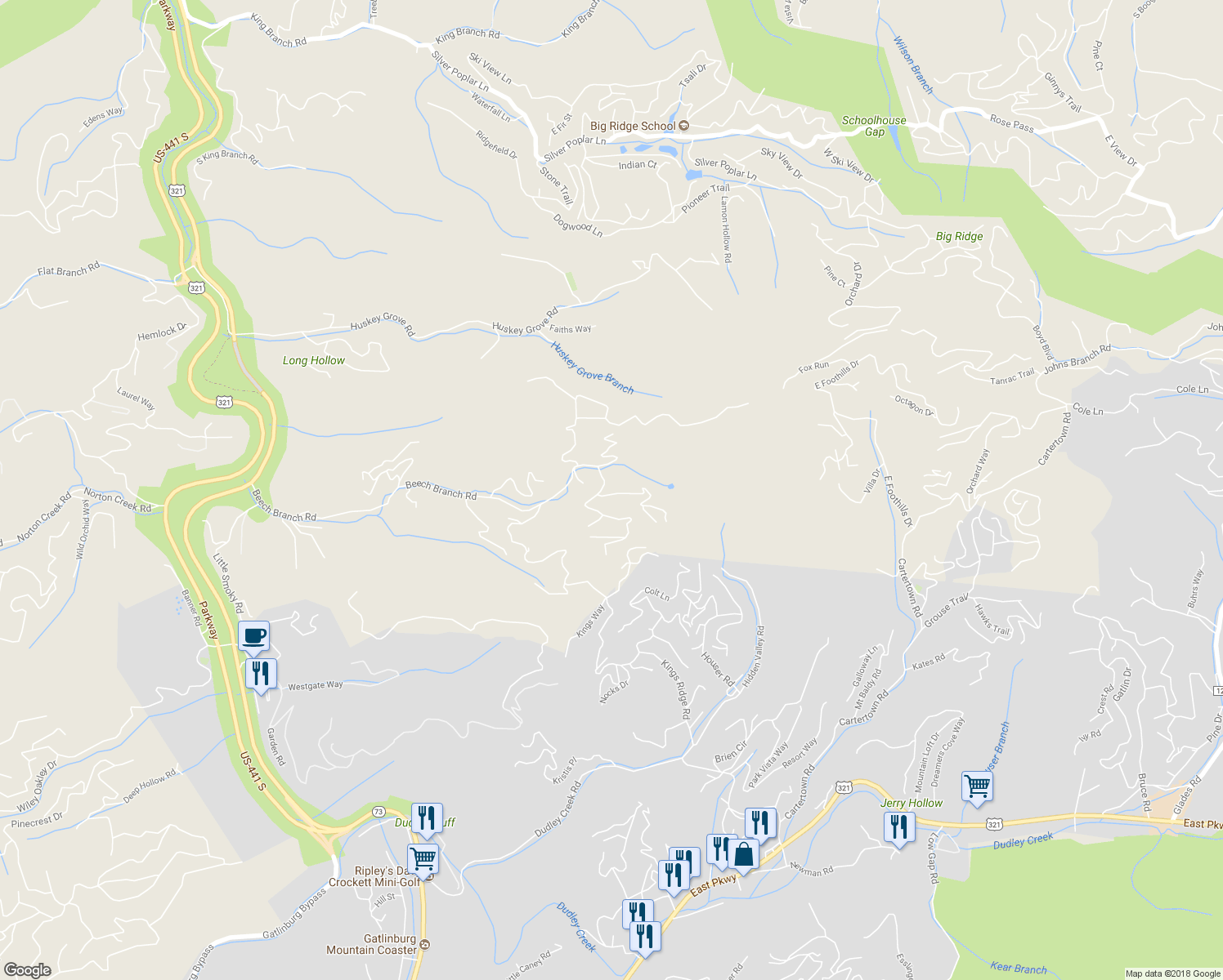 map of restaurants, bars, coffee shops, grocery stores, and more near 801 Old New Ground Road in Gatlinburg