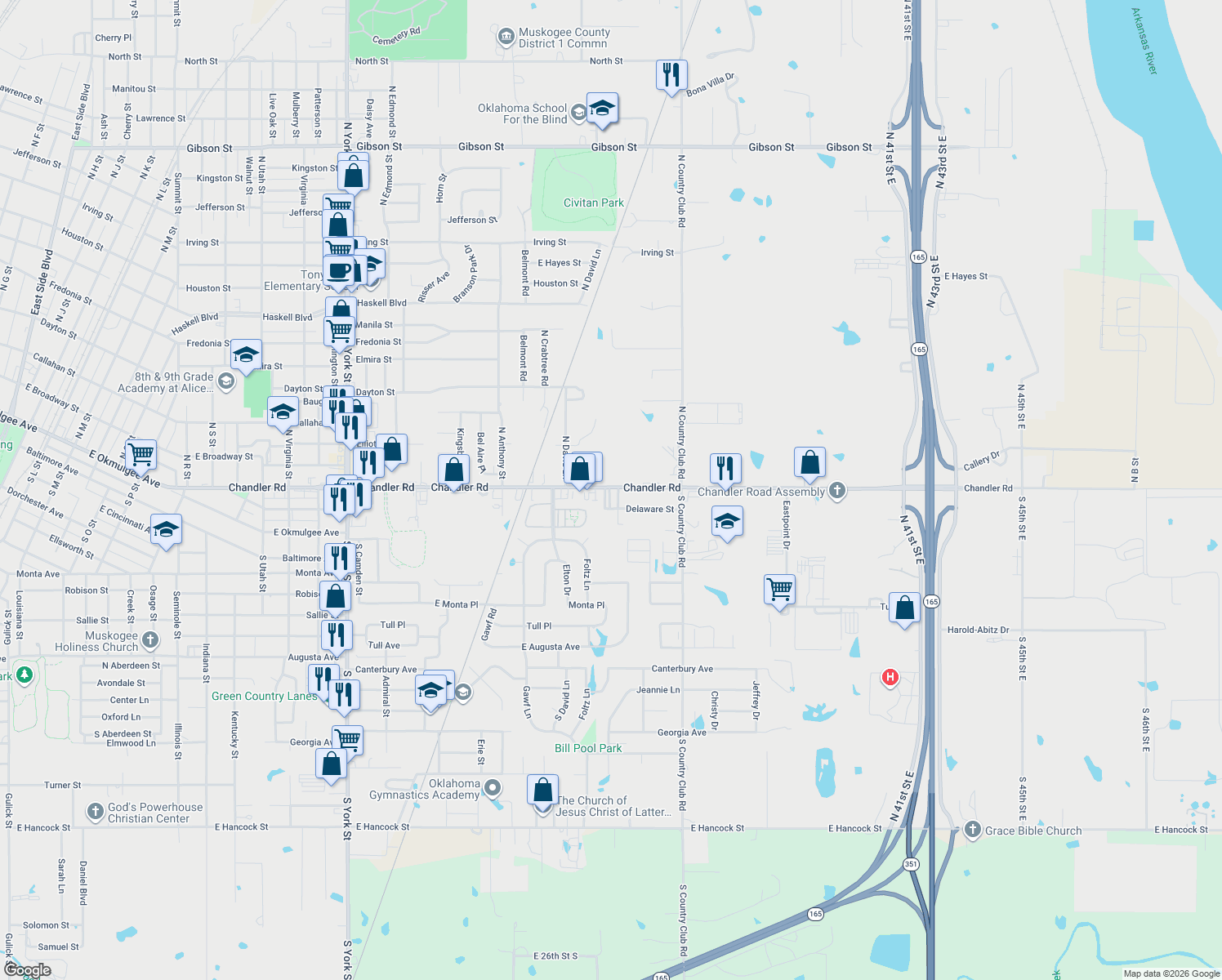 map of restaurants, bars, coffee shops, grocery stores, and more near 3509 Chandler Road in Muskogee