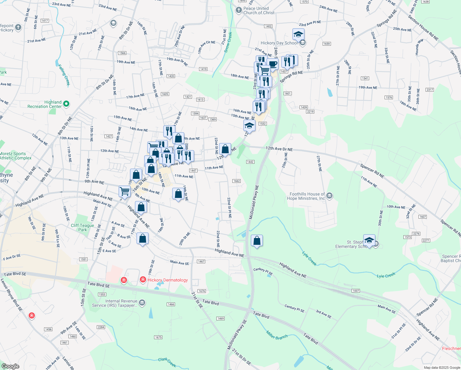 map of restaurants, bars, coffee shops, grocery stores, and more near 1040 22nd Street Place Northeast in Hickory
