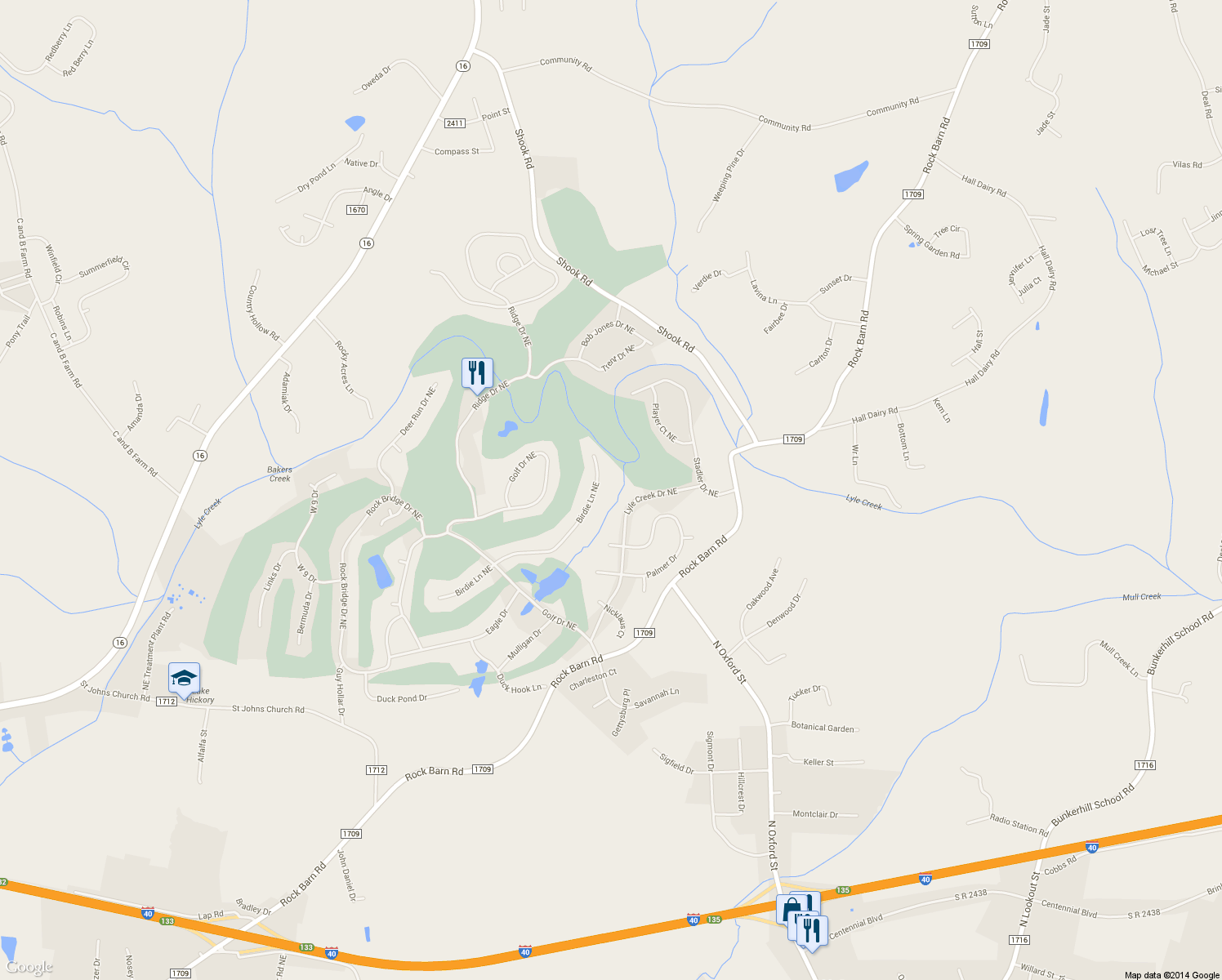 map of restaurants, bars, coffee shops, grocery stores, and more near 2715 Birdie Lane Northeast in Conover