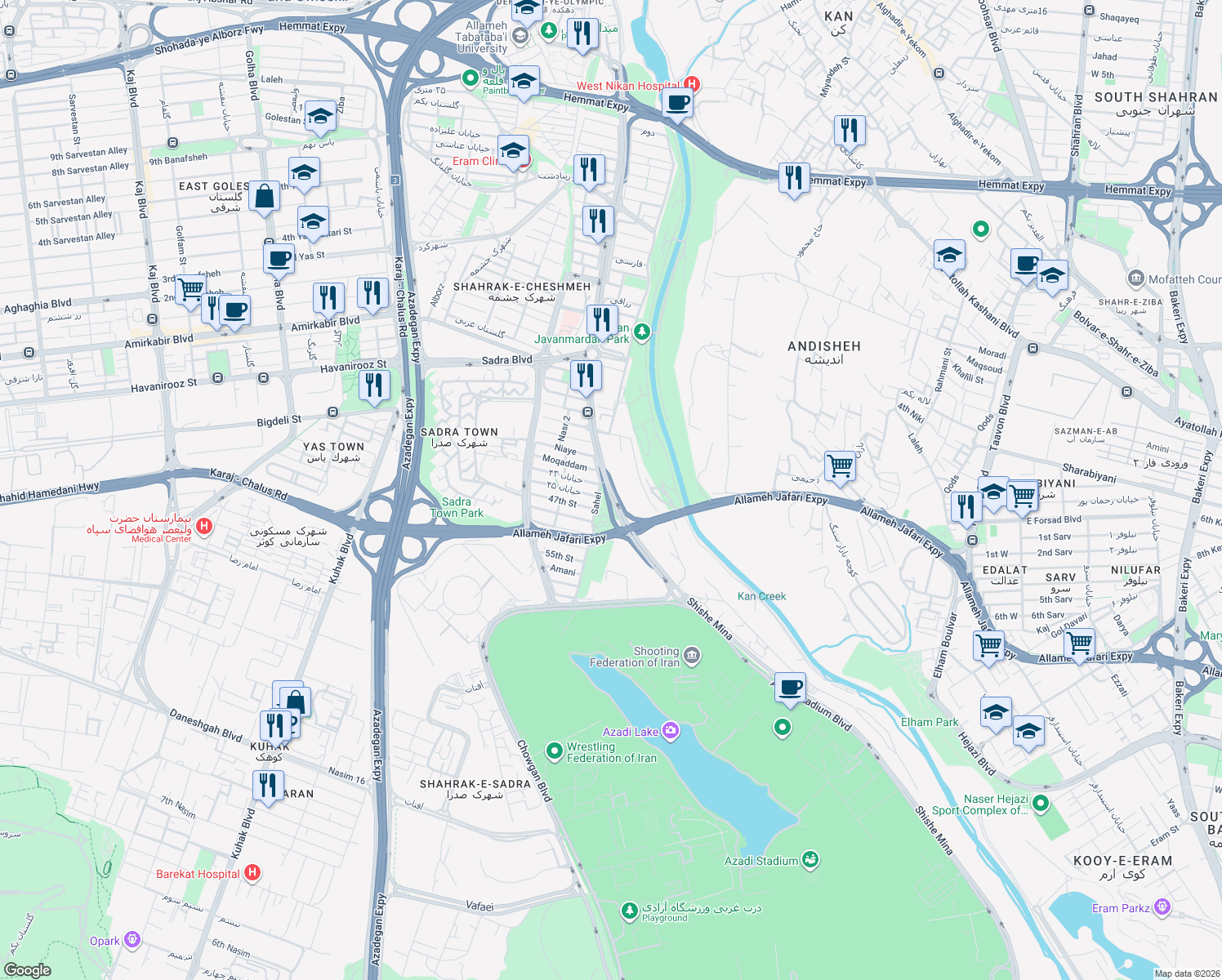 map of restaurants, bars, coffee shops, grocery stores, and more near Dehkadeh Olympic Boulevard in Tehran