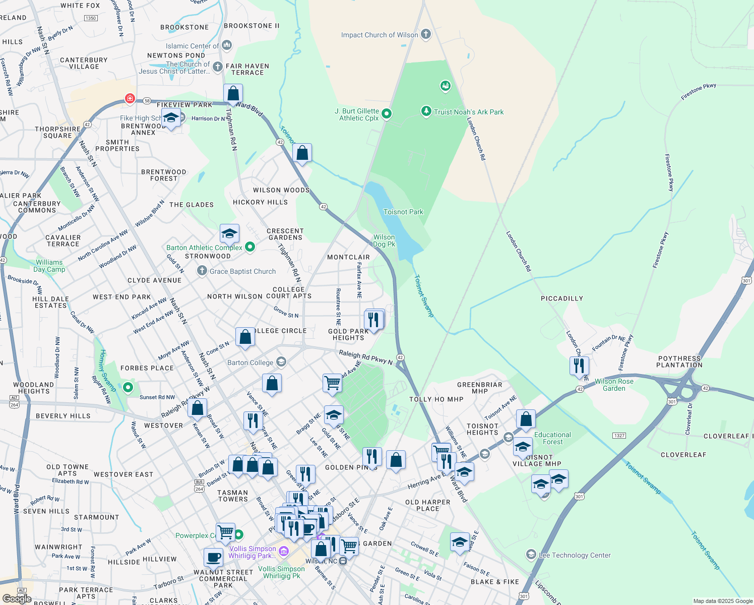 map of restaurants, bars, coffee shops, grocery stores, and more near 501 Grove Street Northeast in Wilson