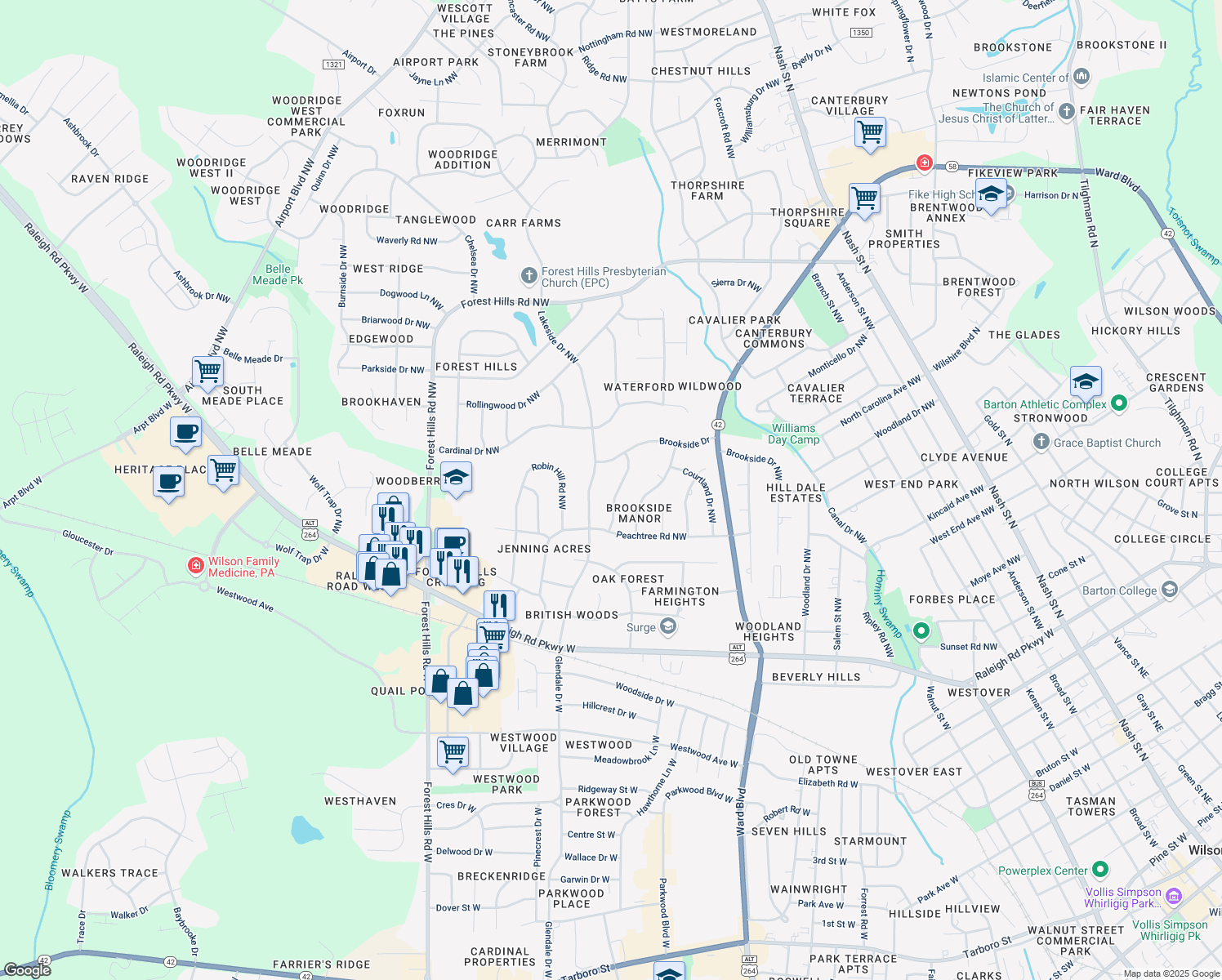 map of restaurants, bars, coffee shops, grocery stores, and more near 1111 Laurel Lane Northwest in Wilson