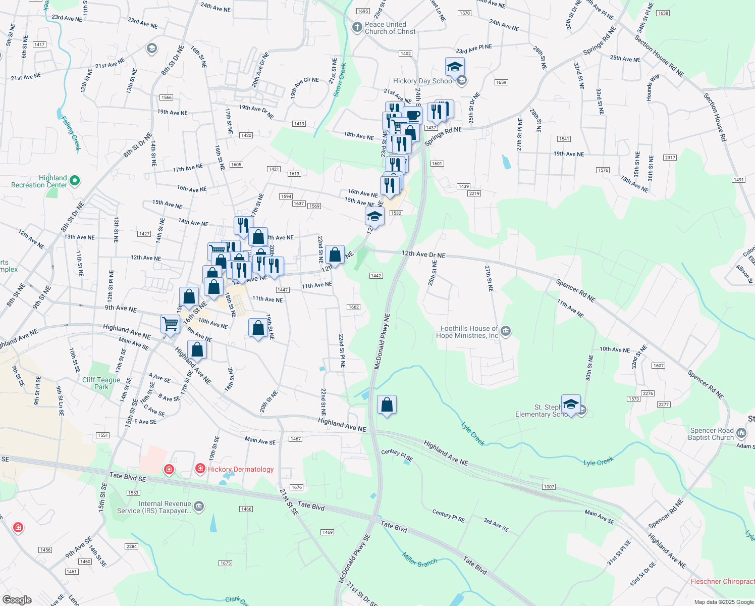 map of restaurants, bars, coffee shops, grocery stores, and more near 2370 11th Ave NE in Hickory