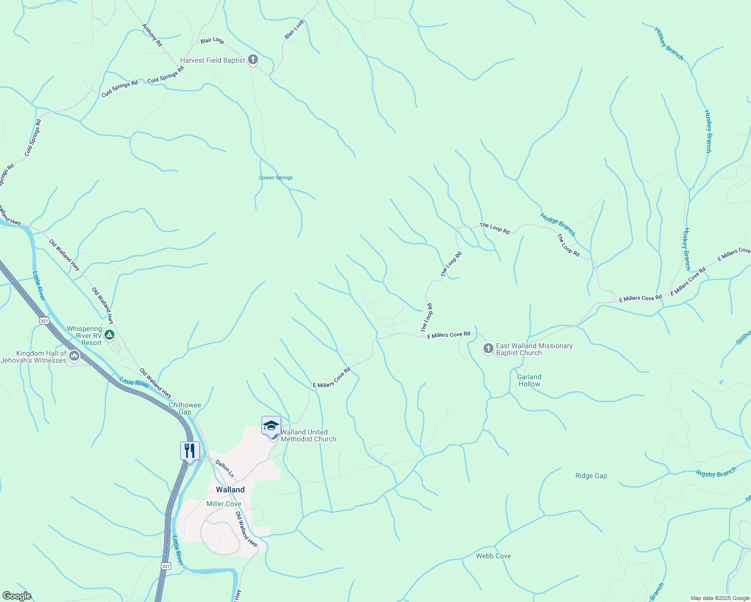map of restaurants, bars, coffee shops, grocery stores, and more near 723 East Millers Cove Road in Walland