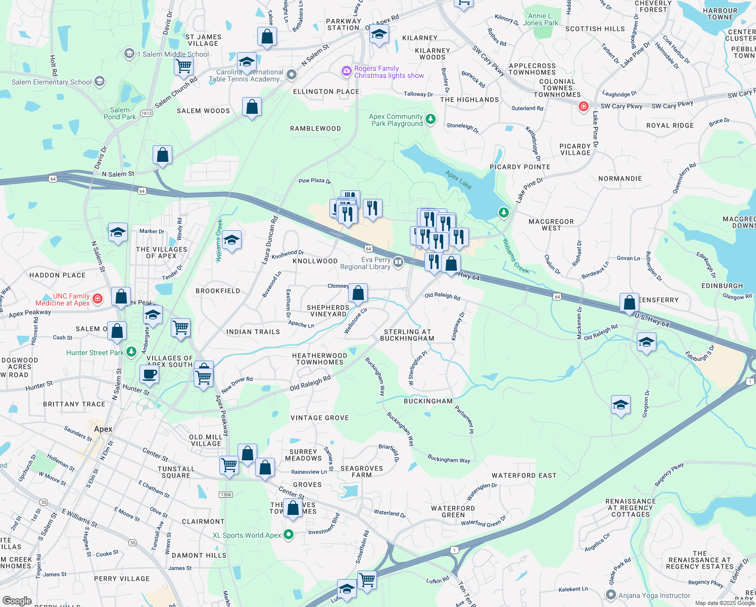 map of restaurants, bars, coffee shops, grocery stores, and more near 1202 Wellstone Circle in Apex