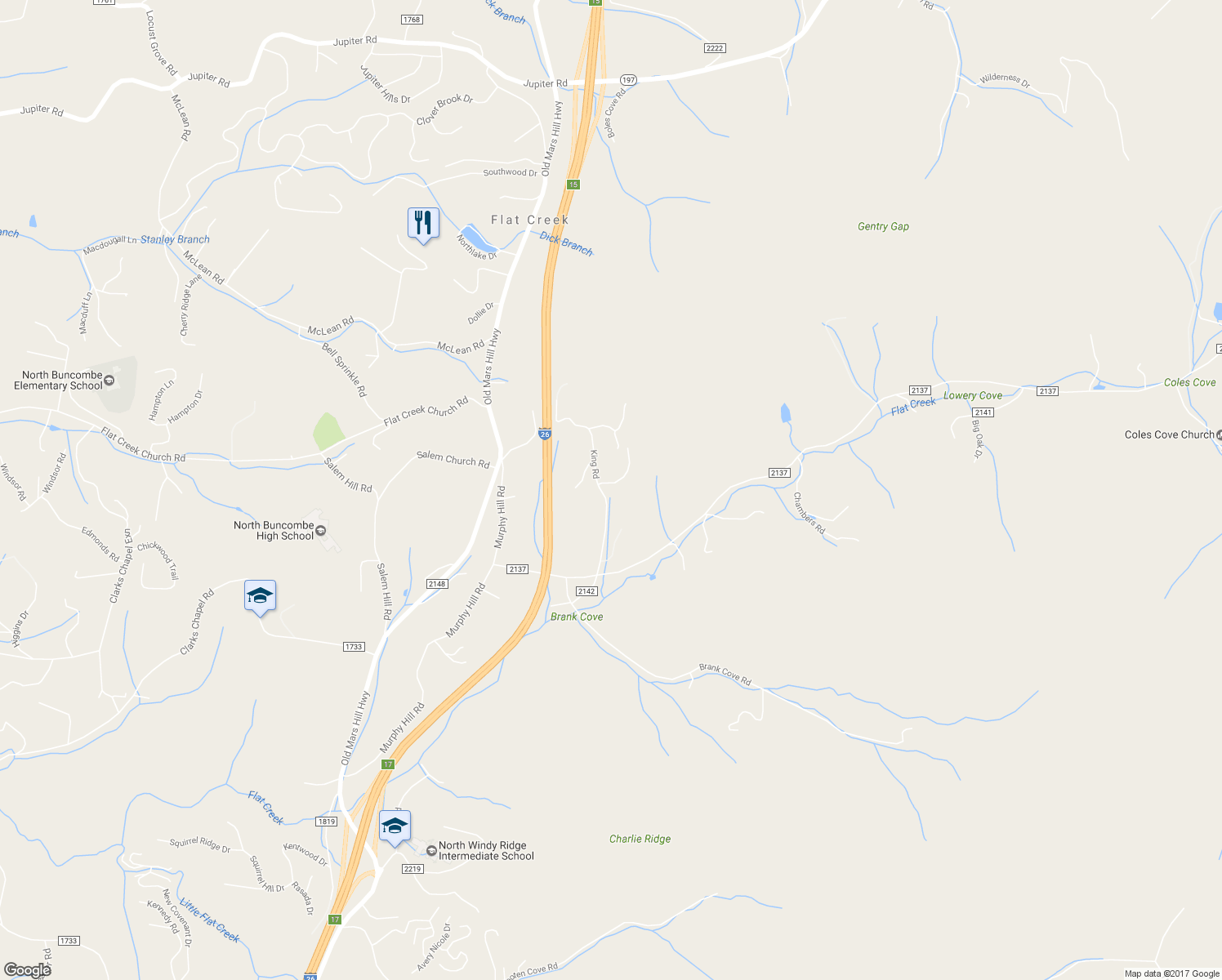 map of restaurants, bars, coffee shops, grocery stores, and more near 51 King Road in Weaverville