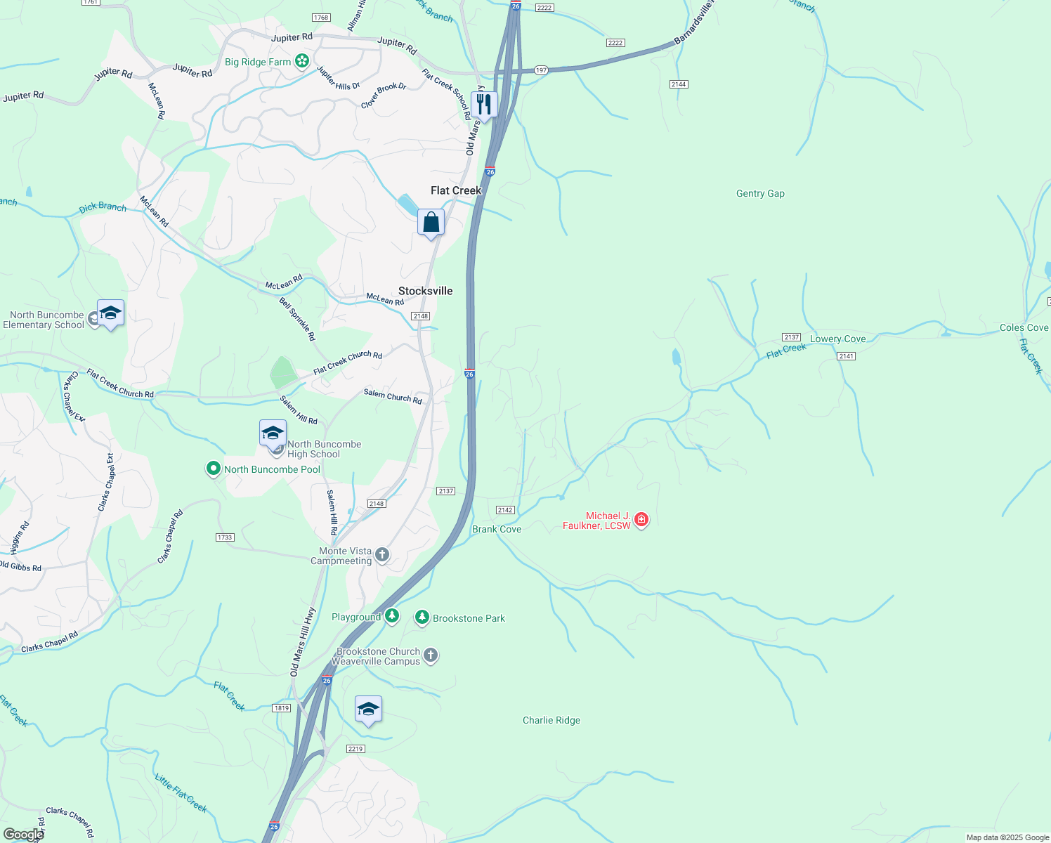 map of restaurants, bars, coffee shops, grocery stores, and more near 51 King Road in Weaverville