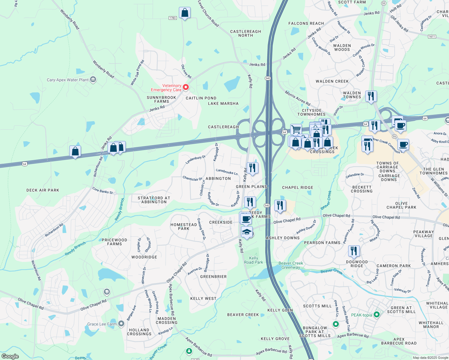 map of restaurants, bars, coffee shops, grocery stores, and more near 108 Witheridge Court in Apex