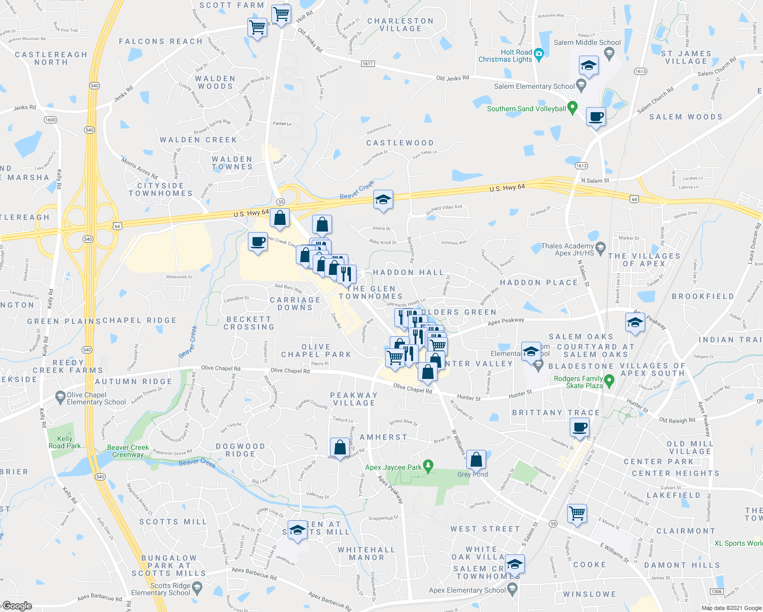 map of restaurants, bars, coffee shops, grocery stores, and more near 1204 Haywards Heath Lane in Apex