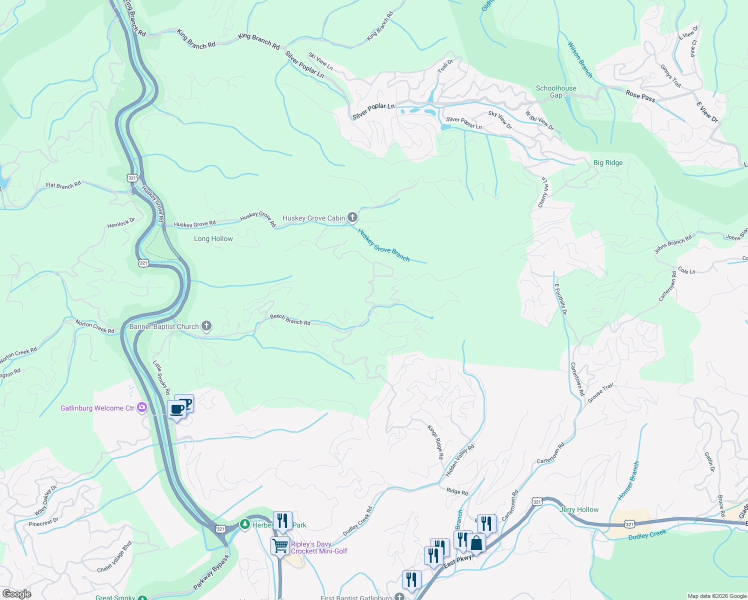map of restaurants, bars, coffee shops, grocery stores, and more near 610 Timber Ridge Road in Gatlinburg
