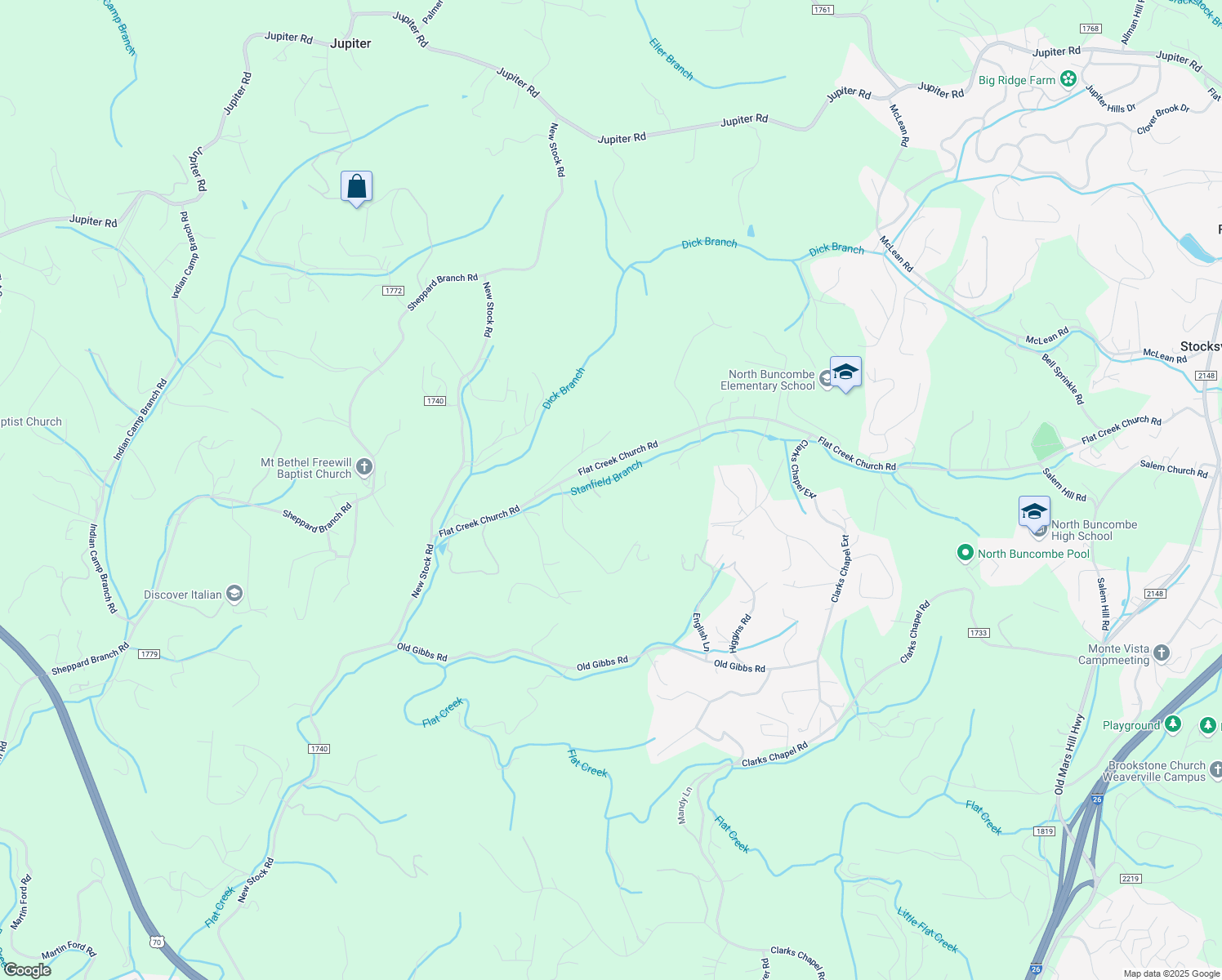 map of restaurants, bars, coffee shops, grocery stores, and more near 20 Old Homestead Trail in Weaverville