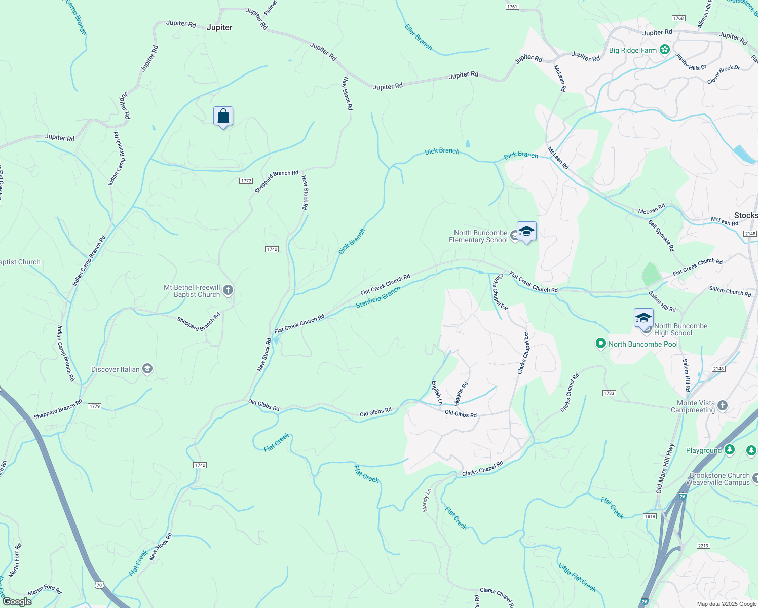 map of restaurants, bars, coffee shops, grocery stores, and more near 20 Old Homestead Trail in Weaverville