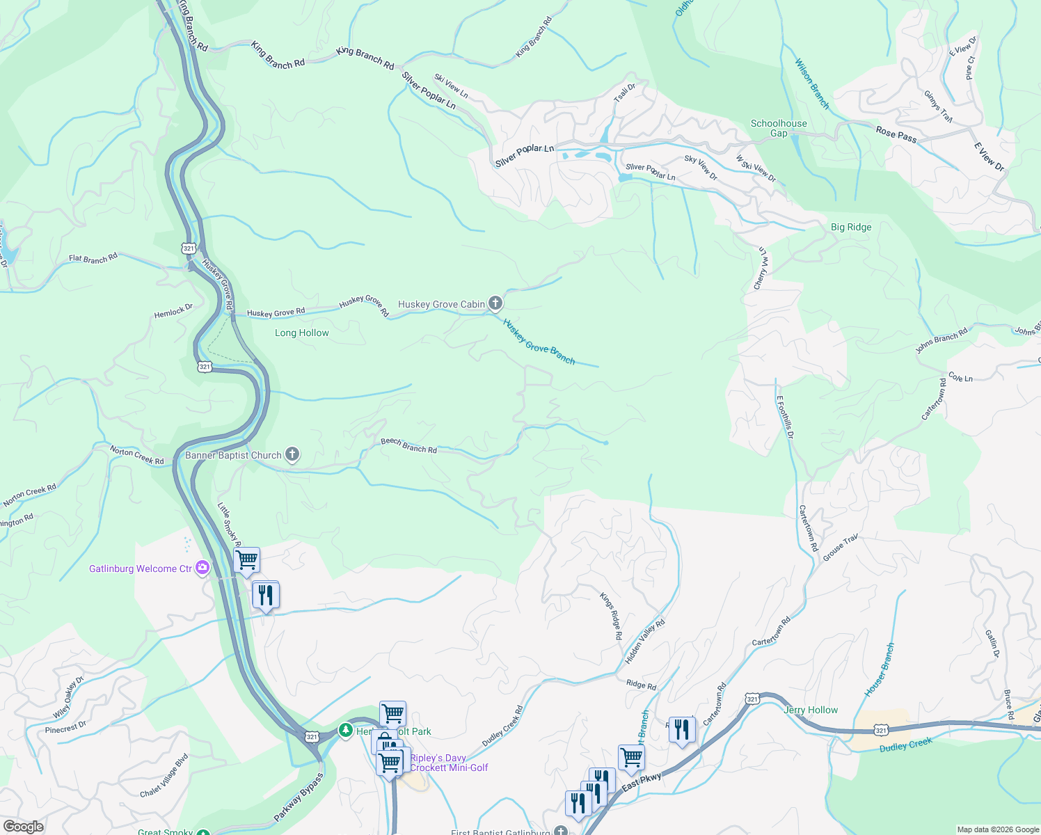 map of restaurants, bars, coffee shops, grocery stores, and more near 610 Timber Ridge Road in Gatlinburg