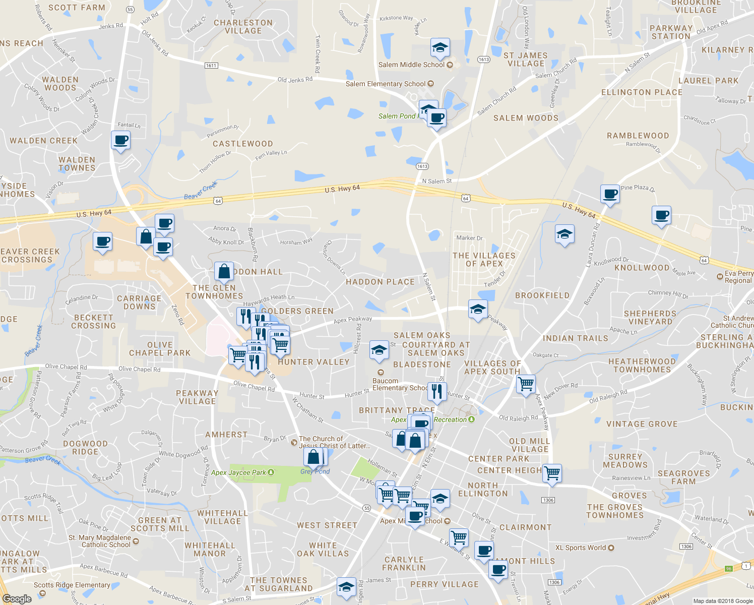 map of restaurants, bars, coffee shops, grocery stores, and more near 2202 Charlion Downs Lane in Apex