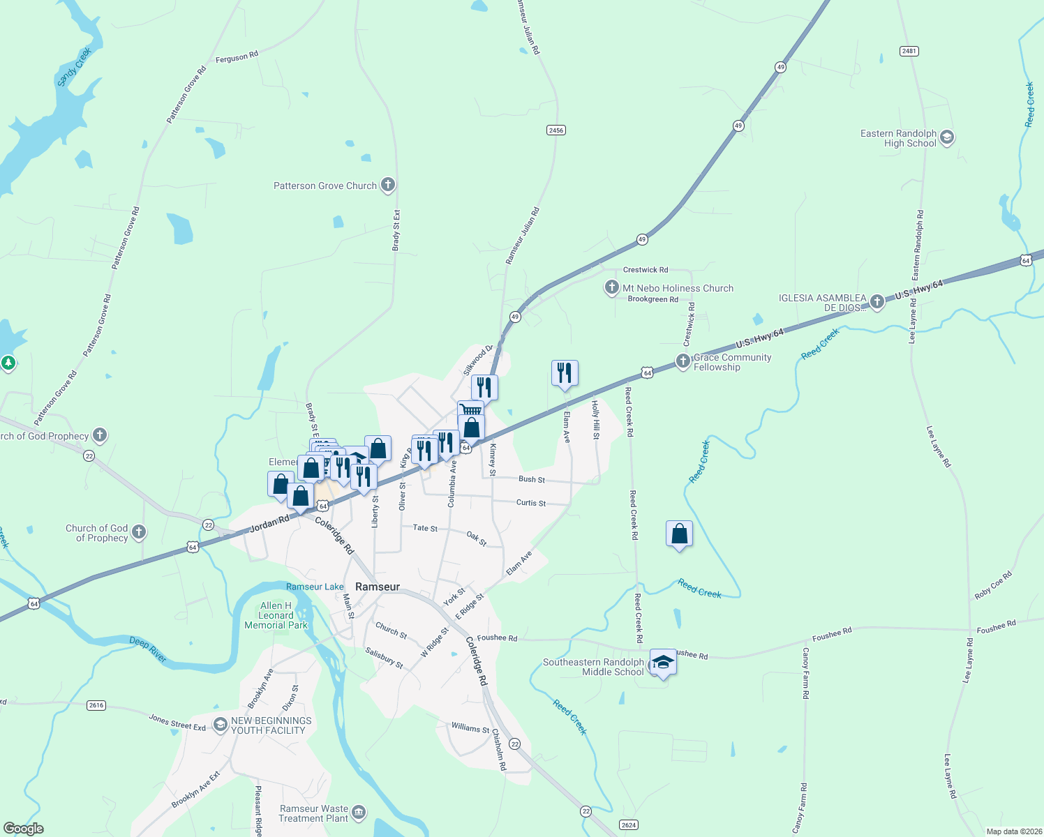 map of restaurants, bars, coffee shops, grocery stores, and more near 114 Jordan Road in Ramseur