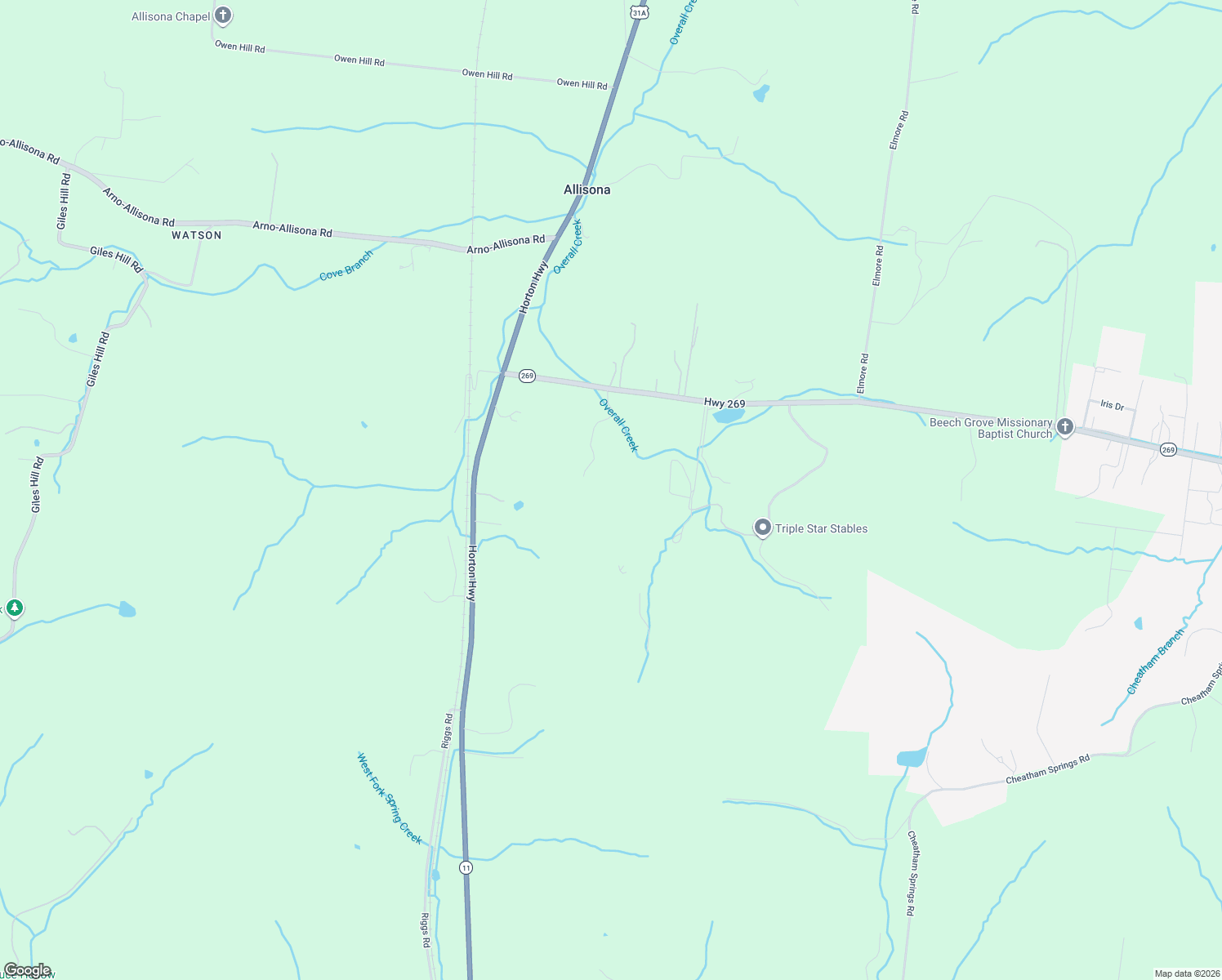 map of restaurants, bars, coffee shops, grocery stores, and more near 2425 Allisona Road in Eagleville