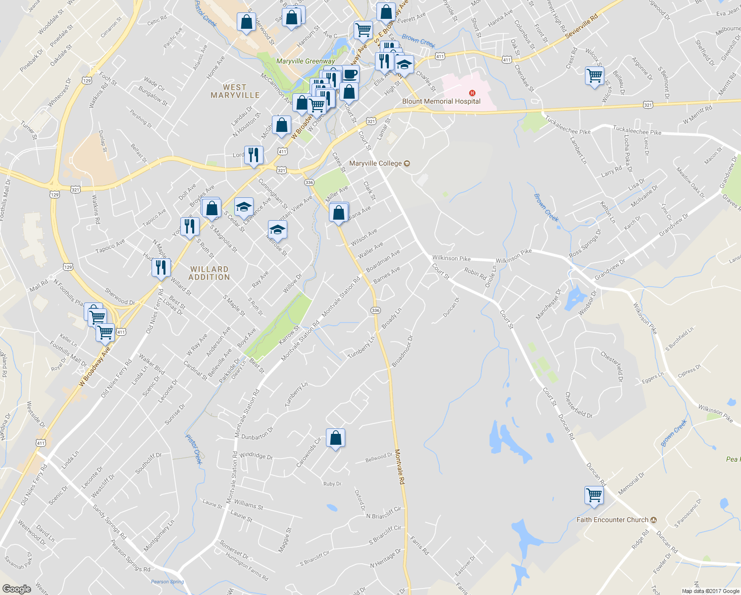 map of restaurants, bars, coffee shops, grocery stores, and more near 1203 Montvale Road in Maryville