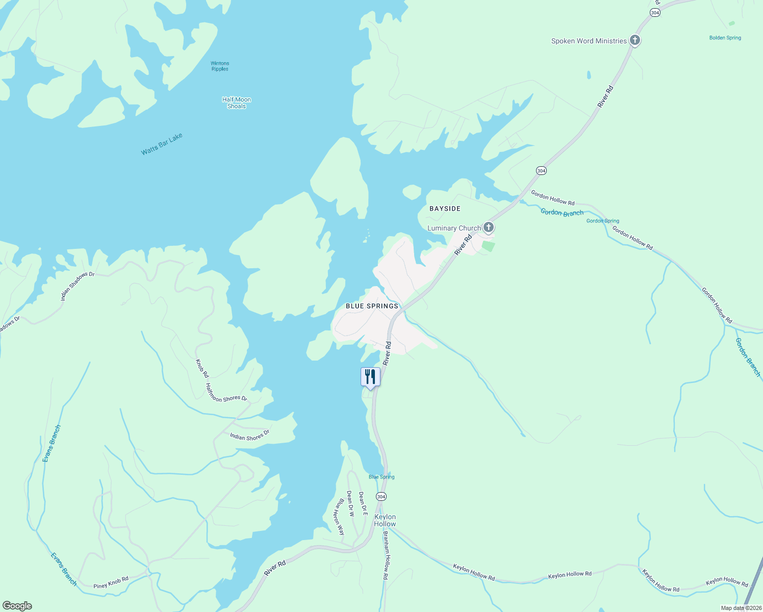 map of restaurants, bars, coffee shops, grocery stores, and more near 120 Blue Springs Circle in Ten Mile