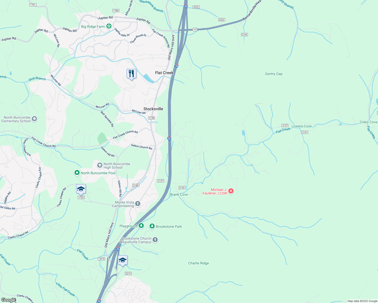 map of restaurants, bars, coffee shops, grocery stores, and more near 4 Pleasant Valley Drive in Weaverville