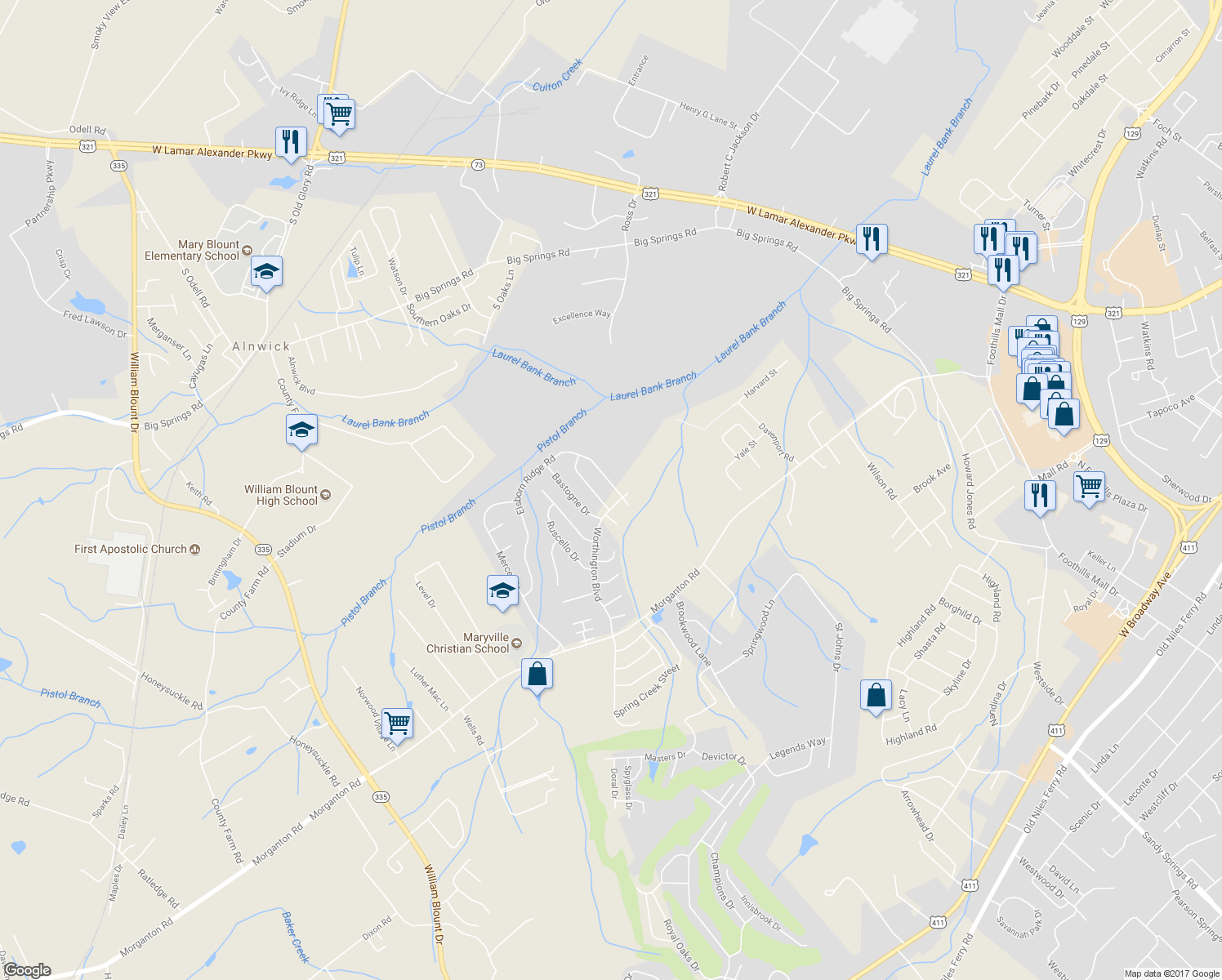 map of restaurants, bars, coffee shops, grocery stores, and more near 1234 Elsborn Ridge Road in Maryville