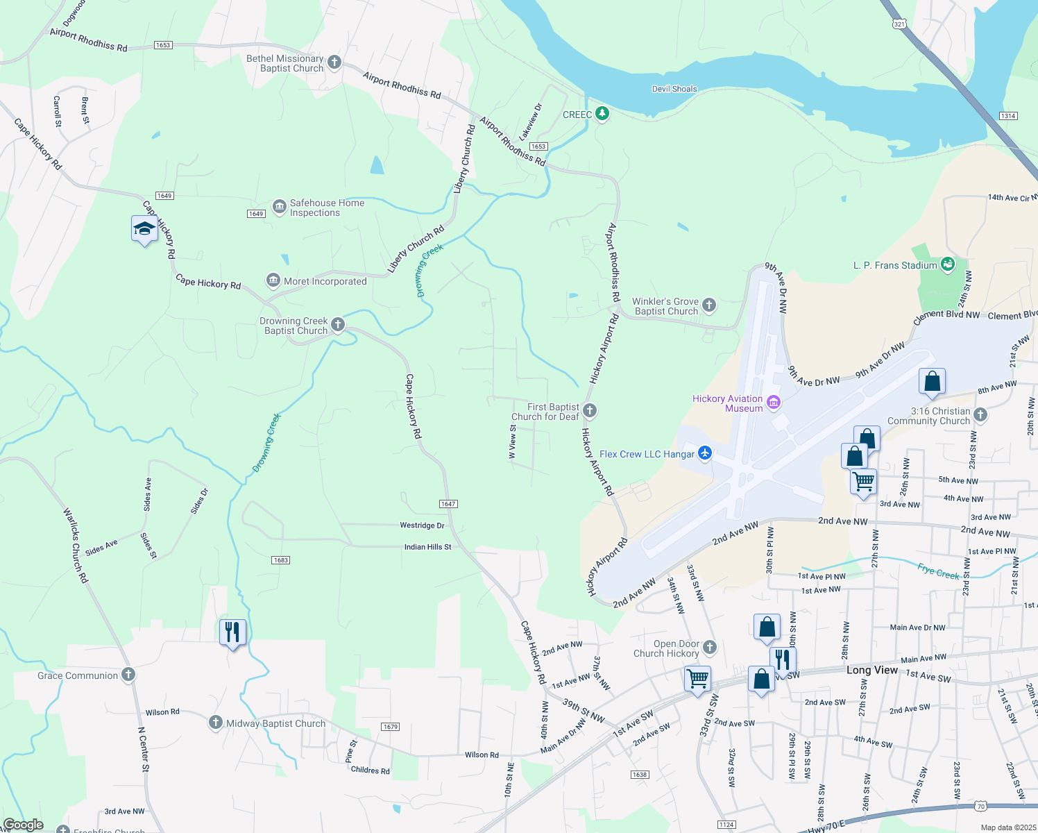 map of restaurants, bars, coffee shops, grocery stores, and more near 2625 W View St in Hickory