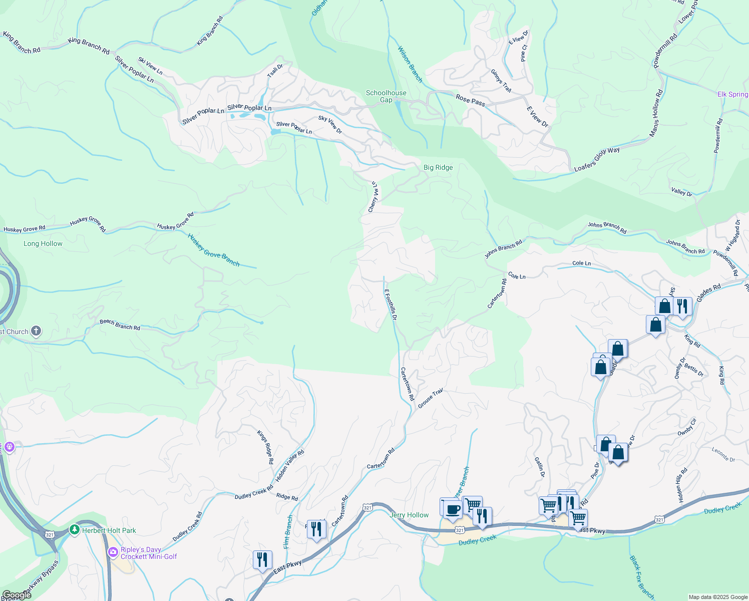 map of restaurants, bars, coffee shops, grocery stores, and more near 1052 Condo Drive in Gatlinburg