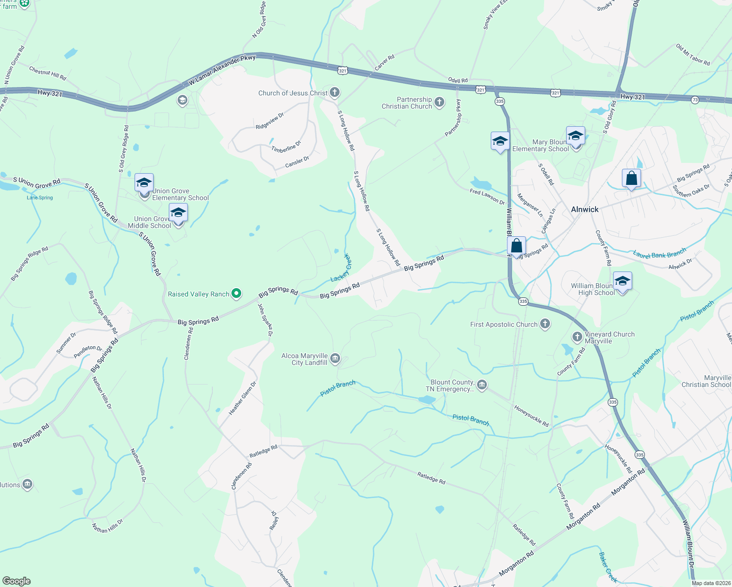 map of restaurants, bars, coffee shops, grocery stores, and more near 2743 Big Springs Road in Friendsville