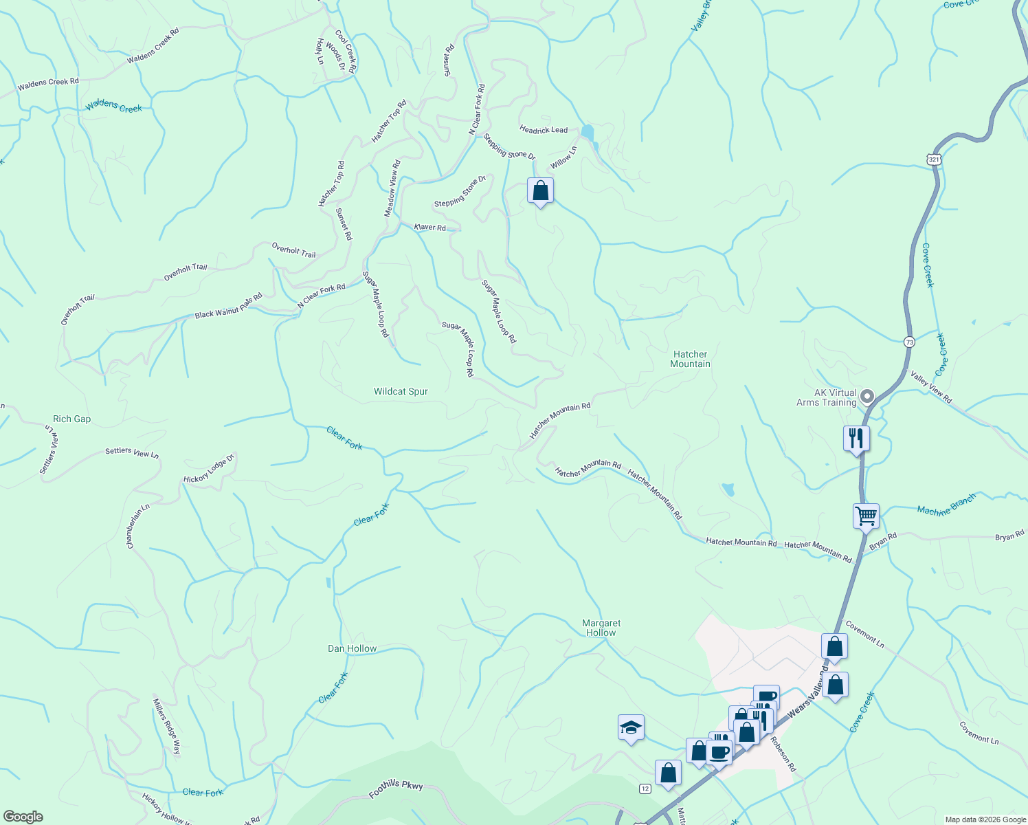 map of restaurants, bars, coffee shops, grocery stores, and more near 3614 Pebbles Mountain Way in Sevierville