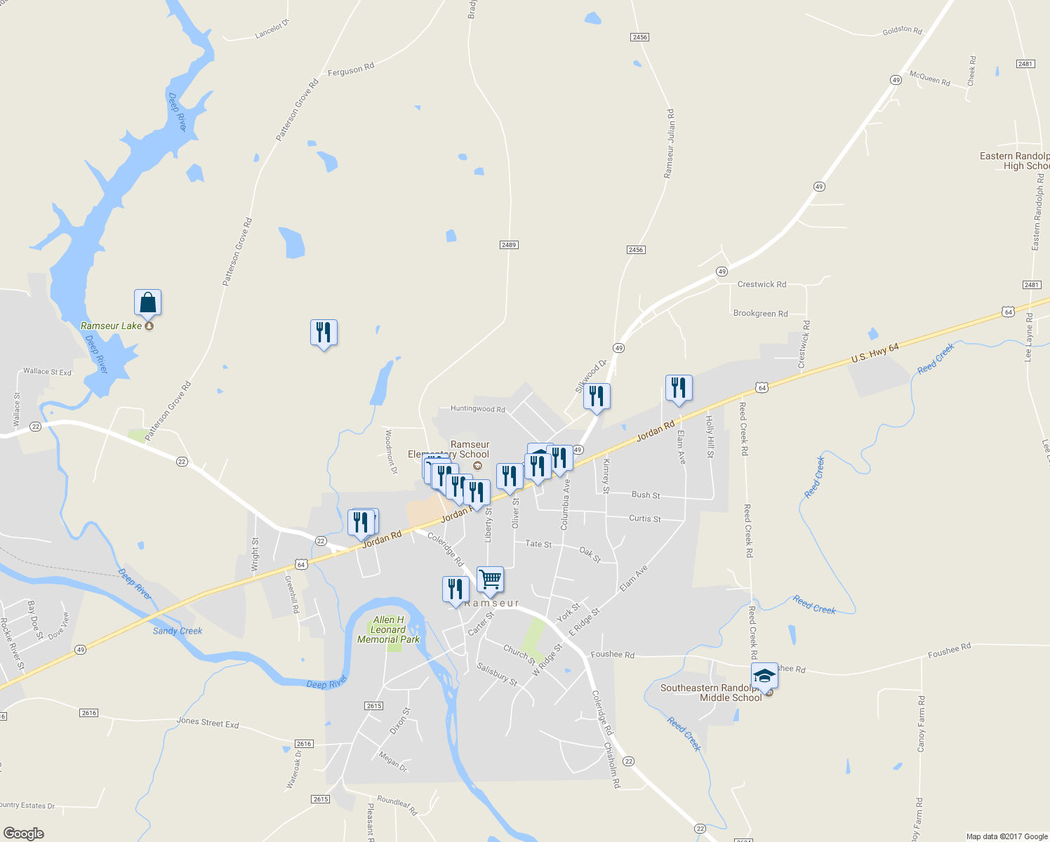 map of restaurants, bars, coffee shops, grocery stores, and more near 4741 Huntingwood Road in Ramseur