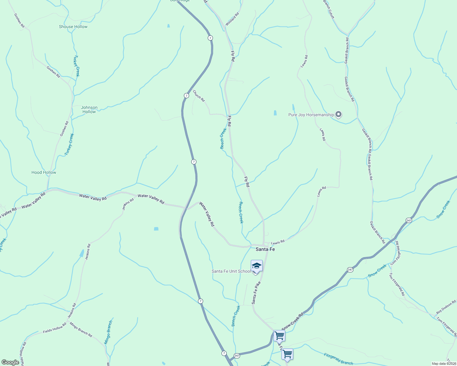 map of restaurants, bars, coffee shops, grocery stores, and more near 2801 Fly Road in Santa Fe