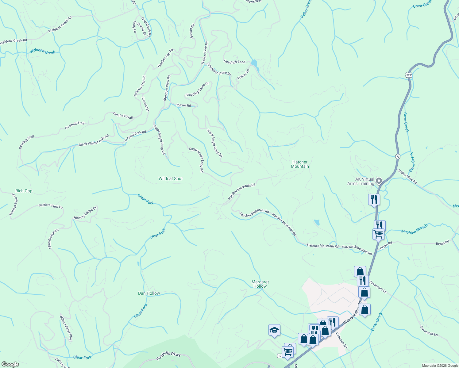 map of restaurants, bars, coffee shops, grocery stores, and more near 3614 Pebbles Mountain Way in Sevierville