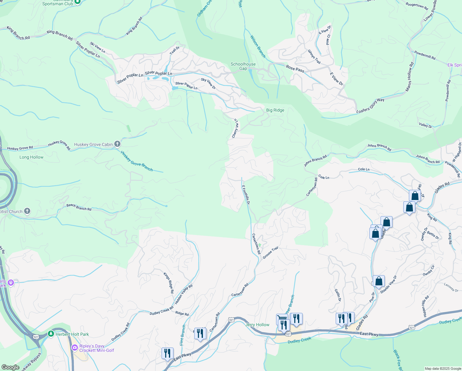 map of restaurants, bars, coffee shops, grocery stores, and more near 922 Smoky Court in Gatlinburg