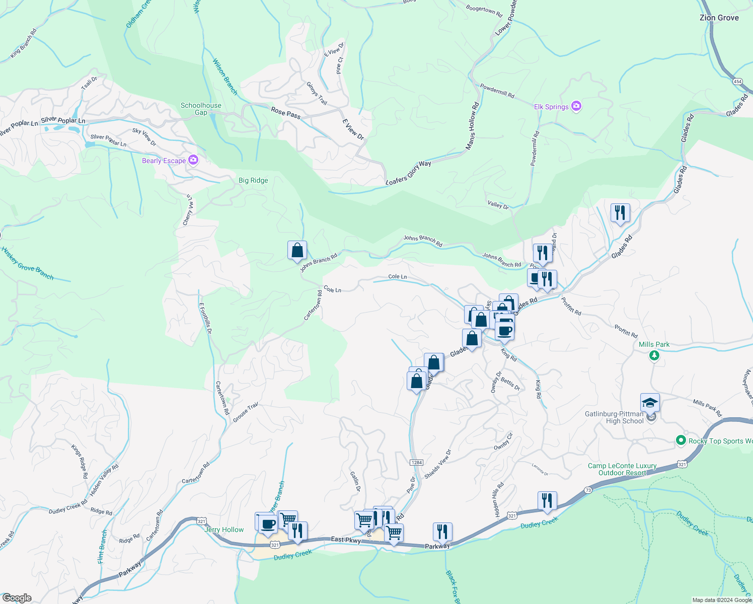map of restaurants, bars, coffee shops, grocery stores, and more near Back Ridge Court in Gatlinburg