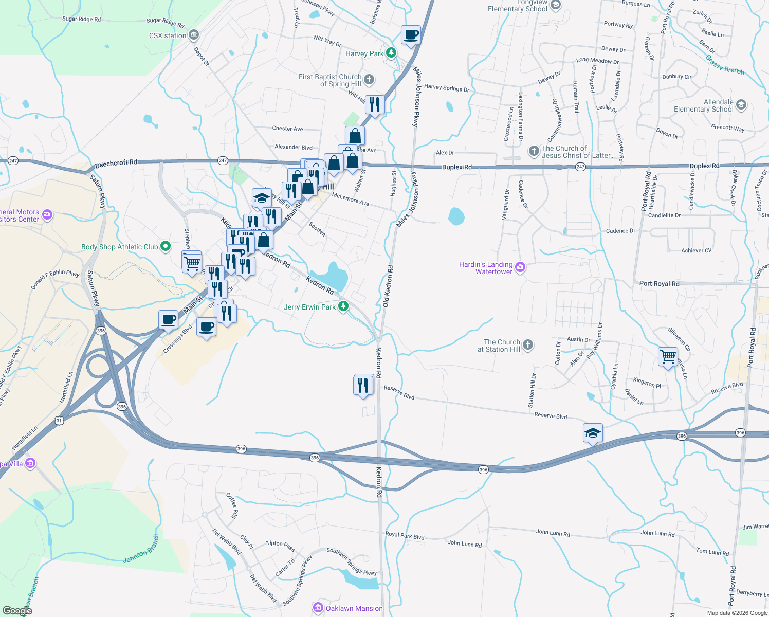 map of restaurants, bars, coffee shops, grocery stores, and more near 1009 Old Kedron Rd in Spring Hill